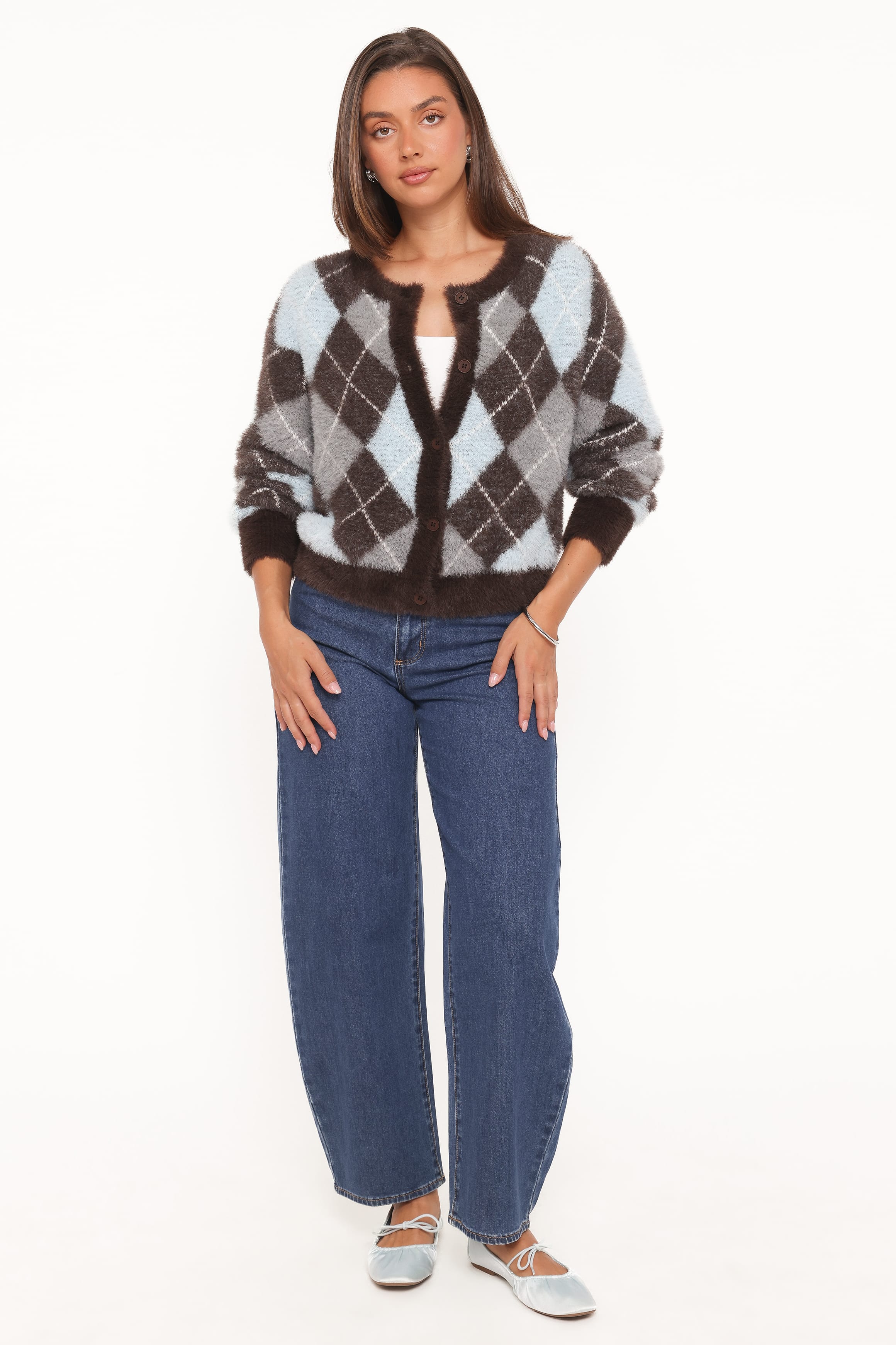 Fionna Button Front Cardigan - Blue Brown - Image 5