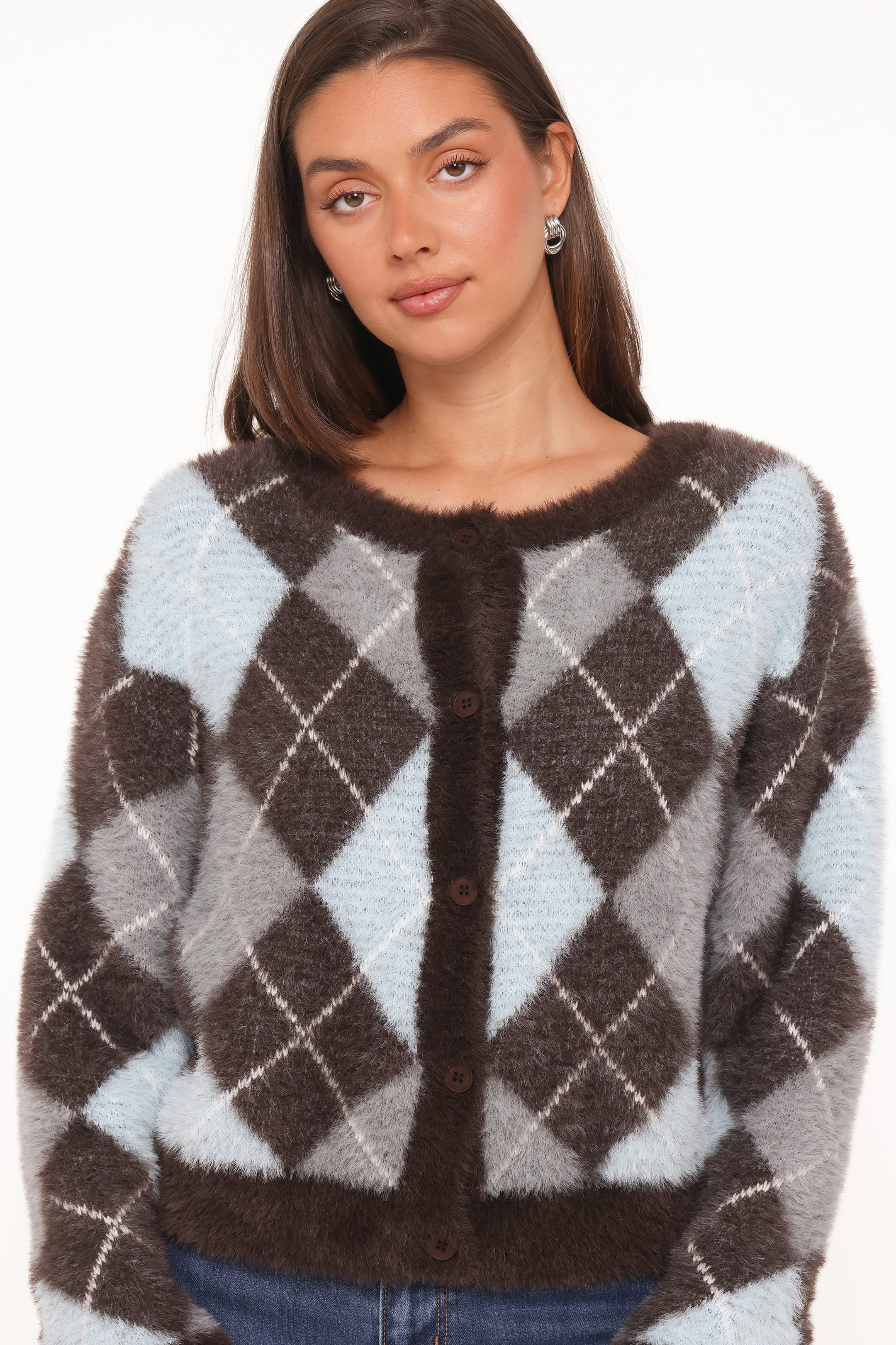 Fionna Button Front Cardigan - Blue Brown - Image 6