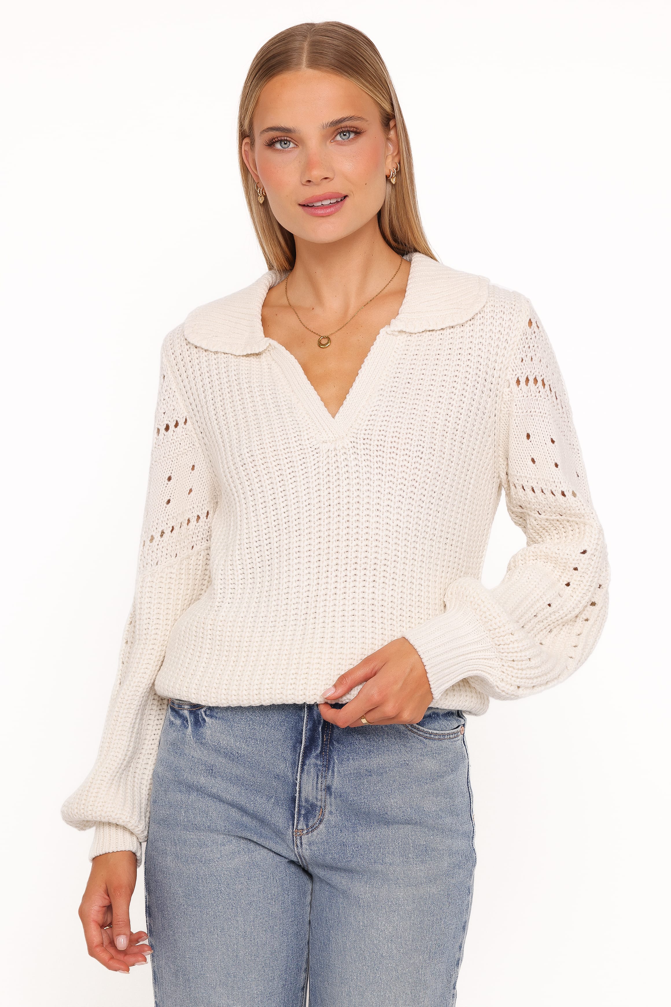 Fitzgerald Pointelle Polo Sweater - Cream - Image 2