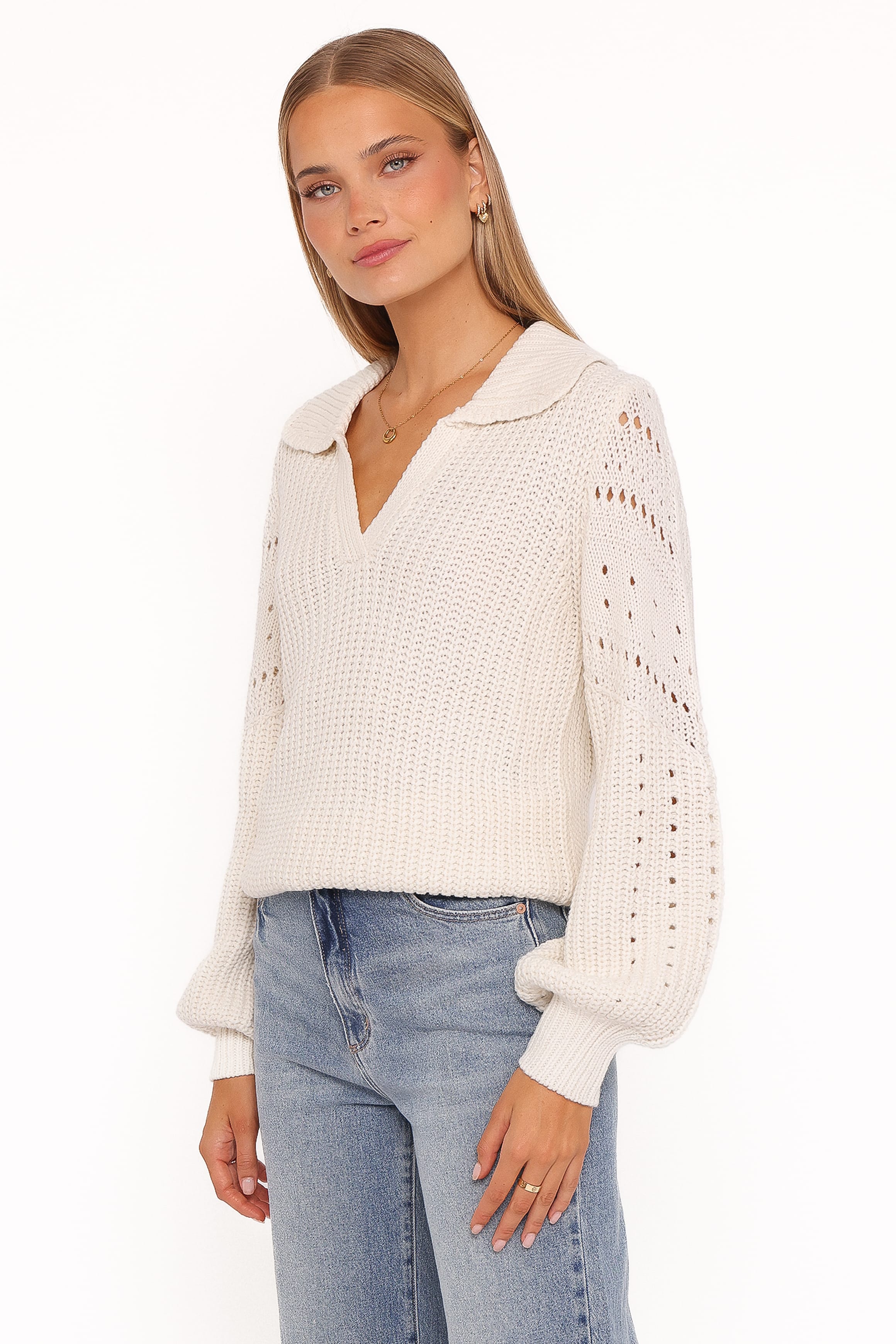 Fitzgerald Pointelle Polo Sweater - Cream - Image 4