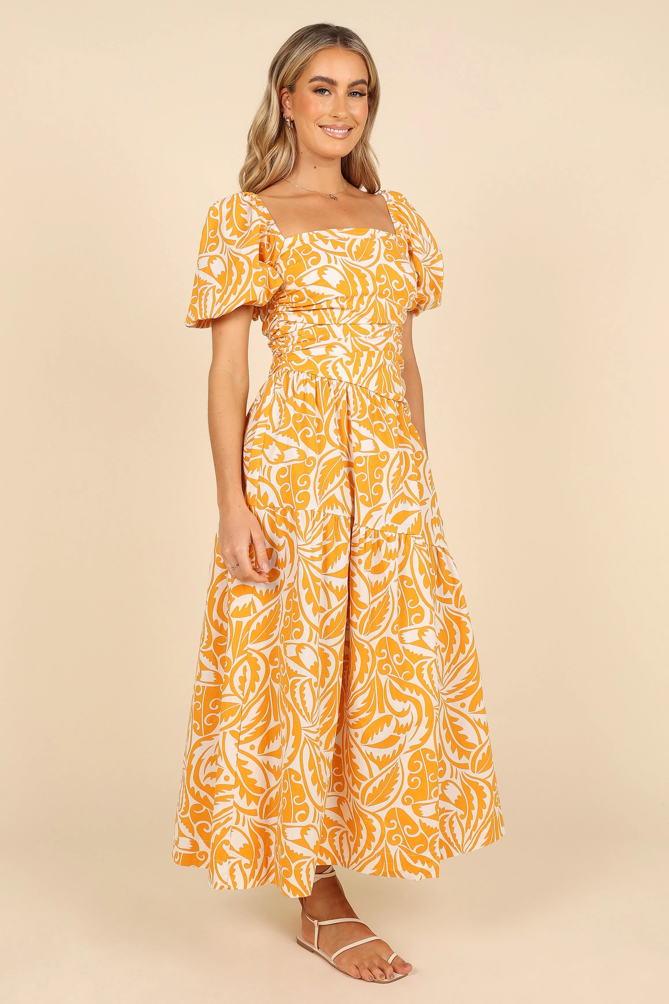 Gaylia Puff Sleeve Midi Dress - White/Orange - Image 5
