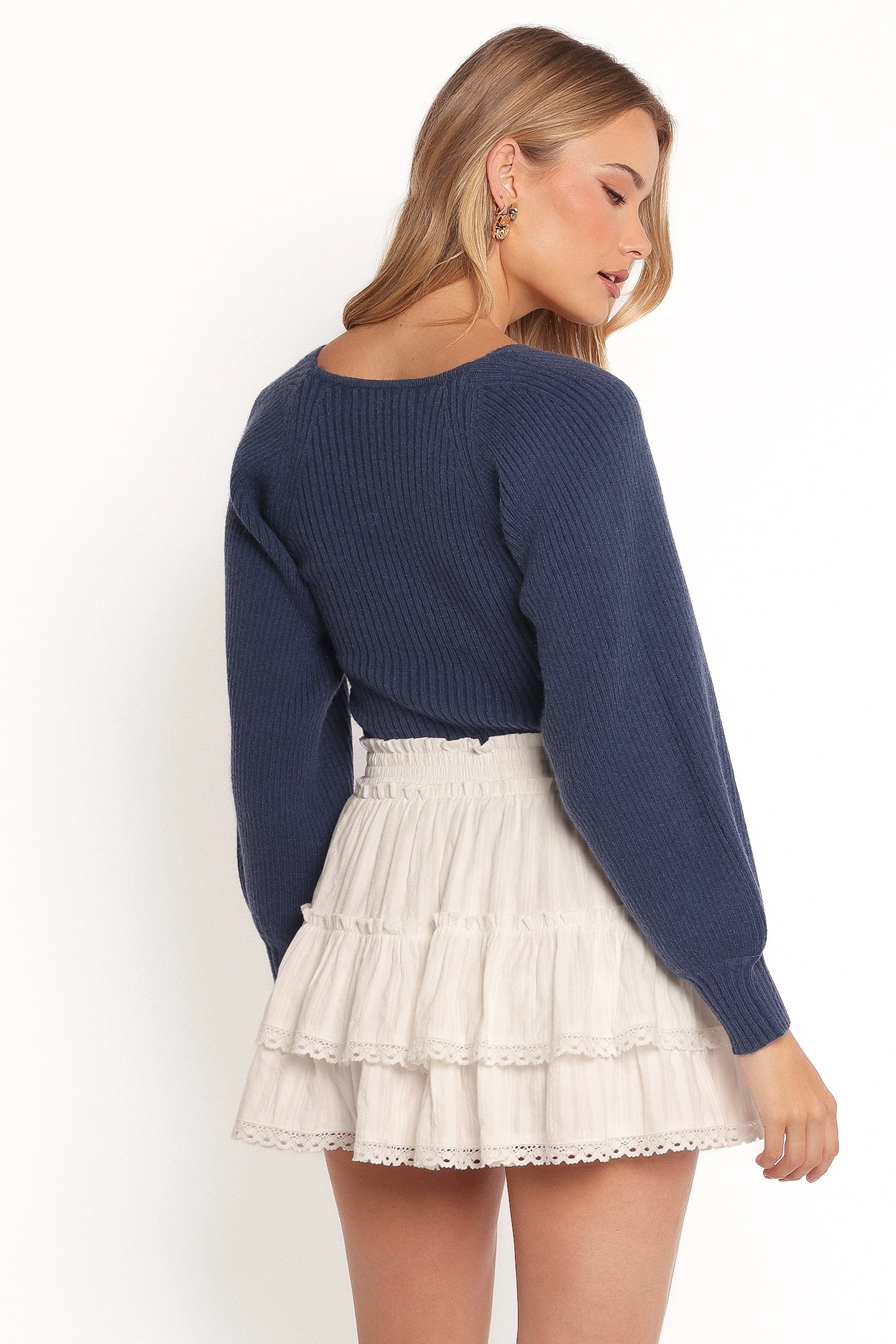 Gia Sweetheart Neck Bell Sleeve Knit Sweater - Navy - Image 4