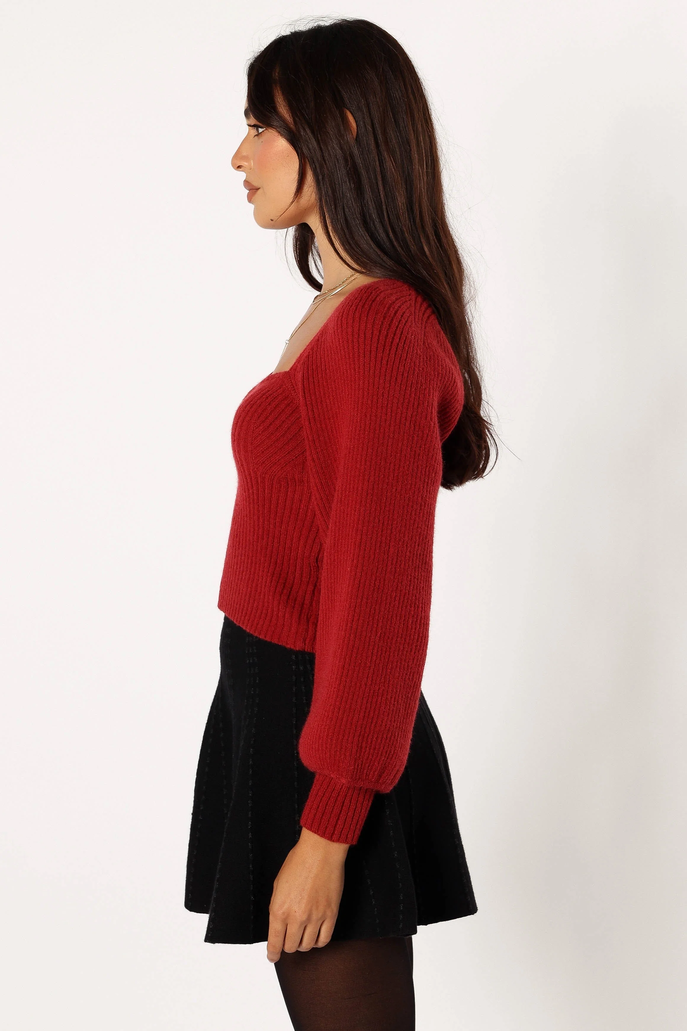Gia Sweetheart Neck Bell Sleeve Knit Sweater - Wine - Image 5