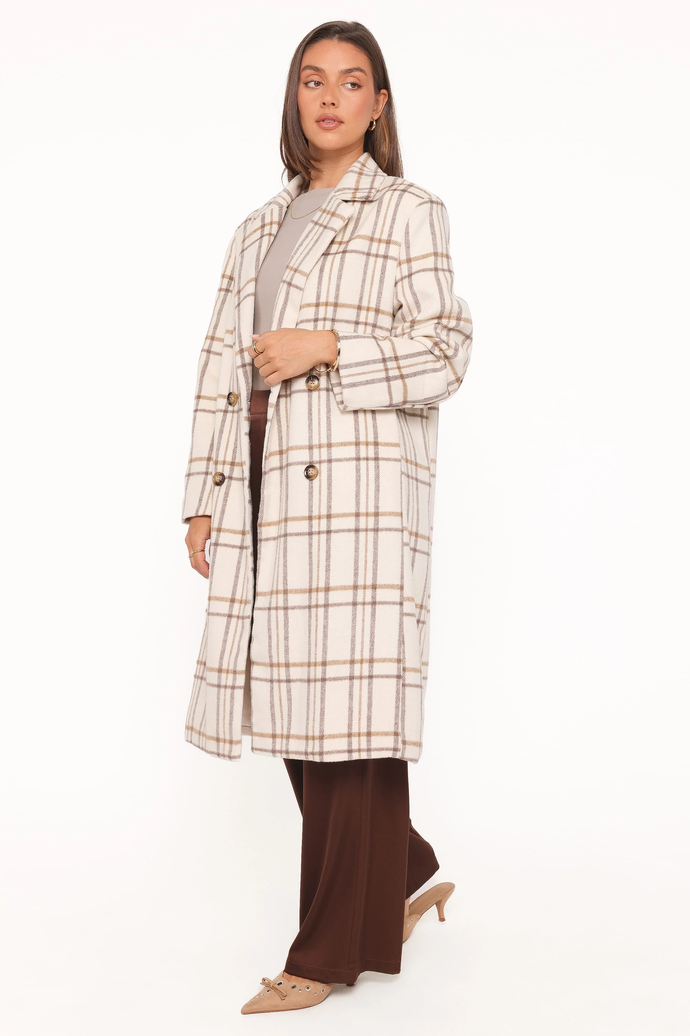 Gianna Button Front Plaid Long Coat - Ivory - Image 3
