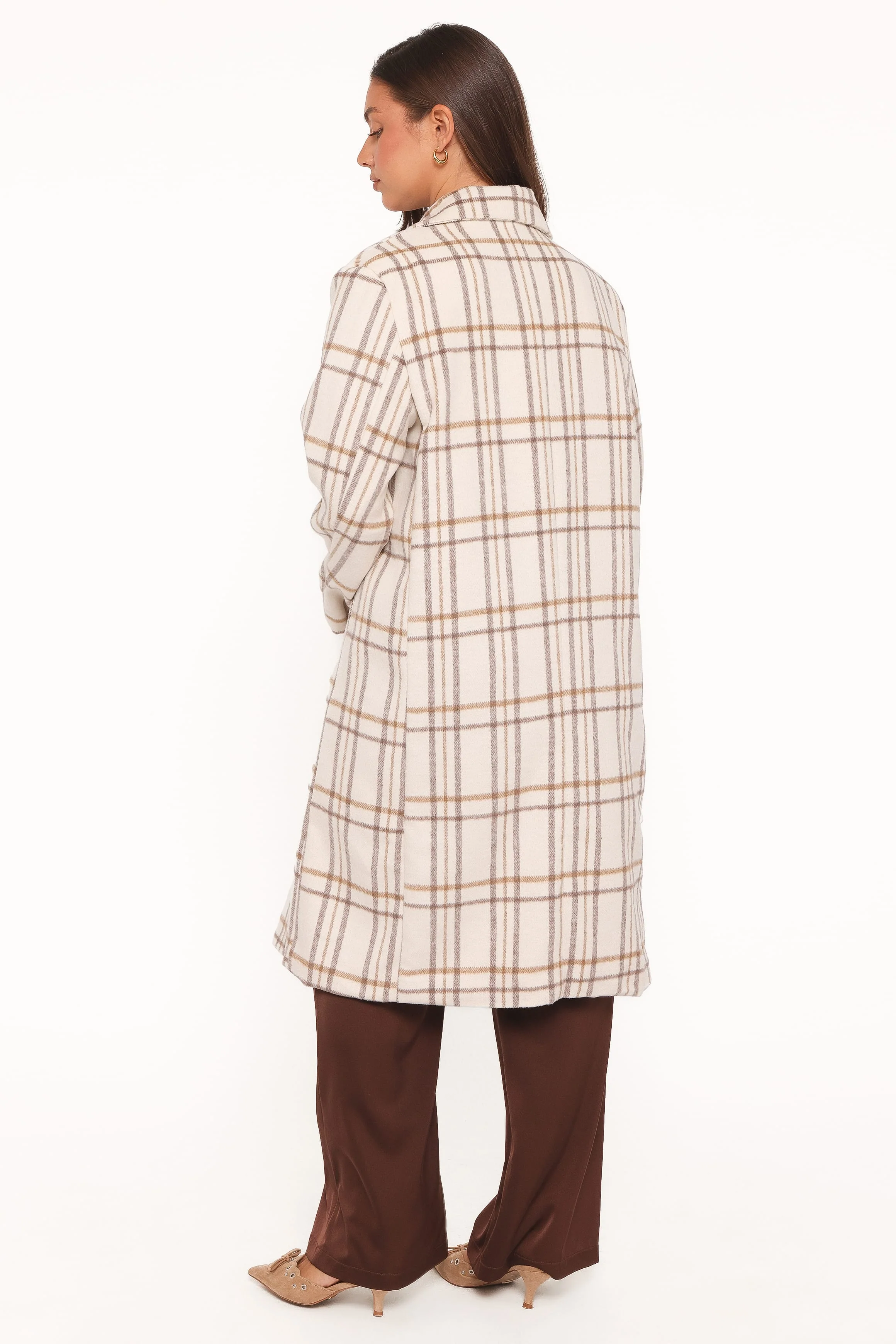 Gianna Button Front Plaid Long Coat - Ivory - Image 4
