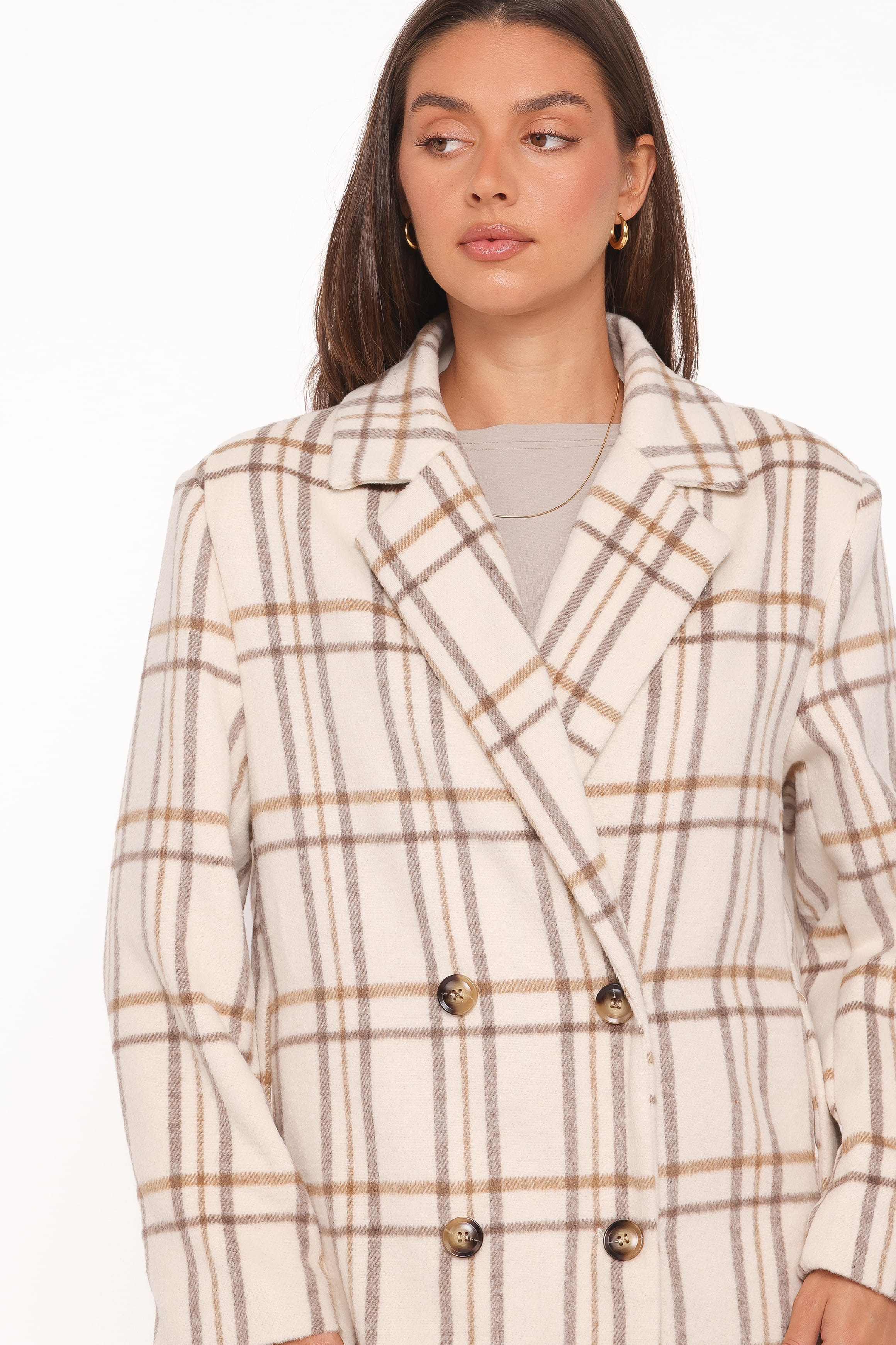 Gianna Button Front Plaid Long Coat - Ivory - Image 5