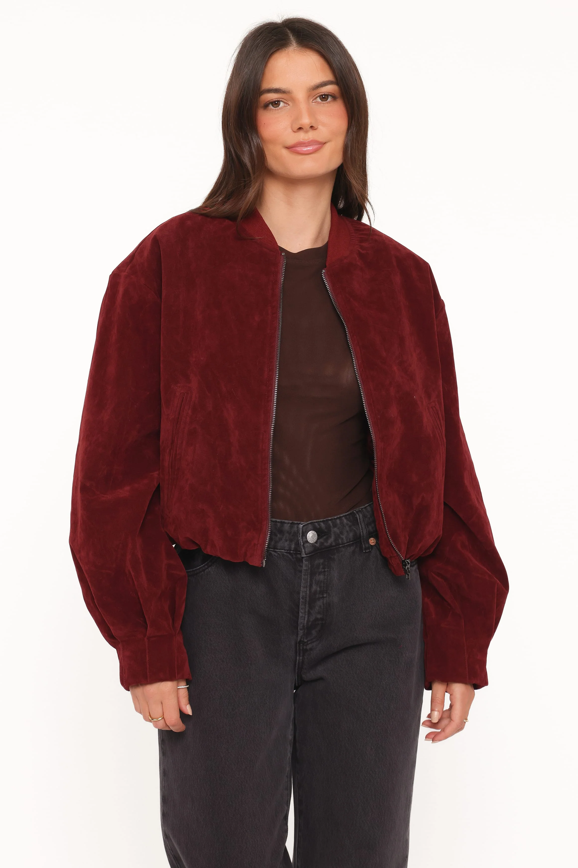 Goldie Faux Suede Bomber Jacket - Burgundy