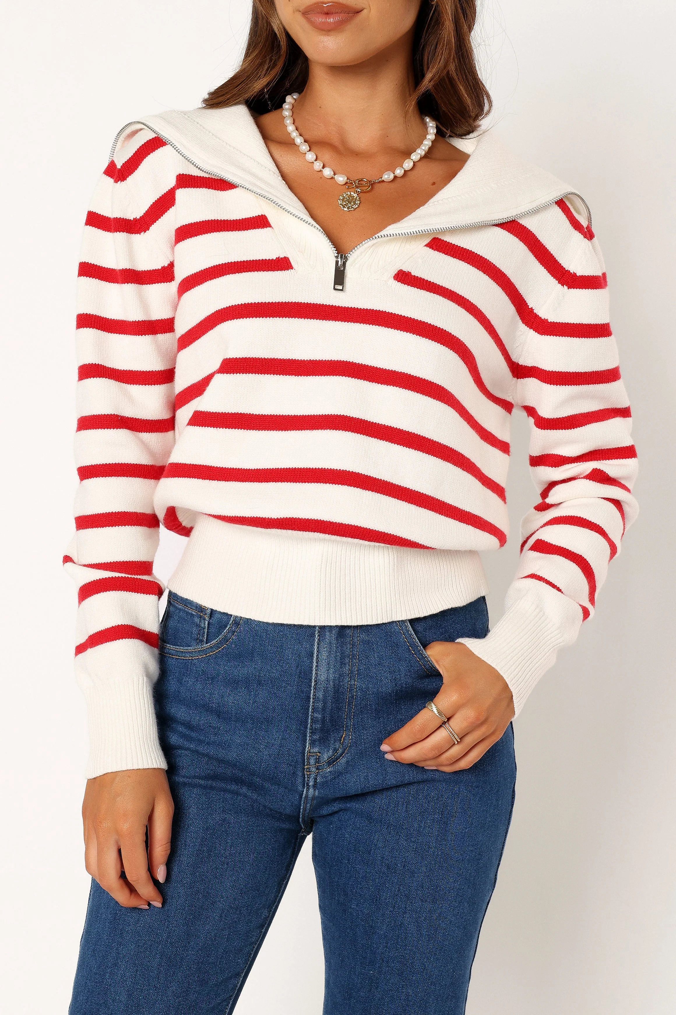 Guinevere Striped Quarter Zip - White Red - Image 8