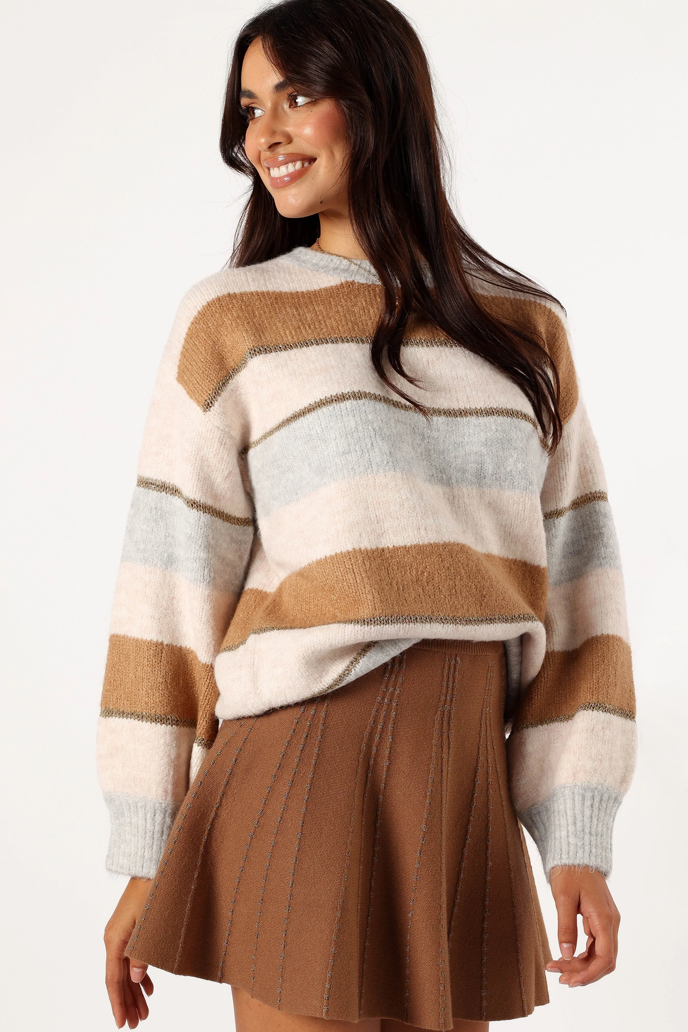 Hadleigh Shimmer Multi Stripe Knit Sweater - Cream/Camel - Image 4