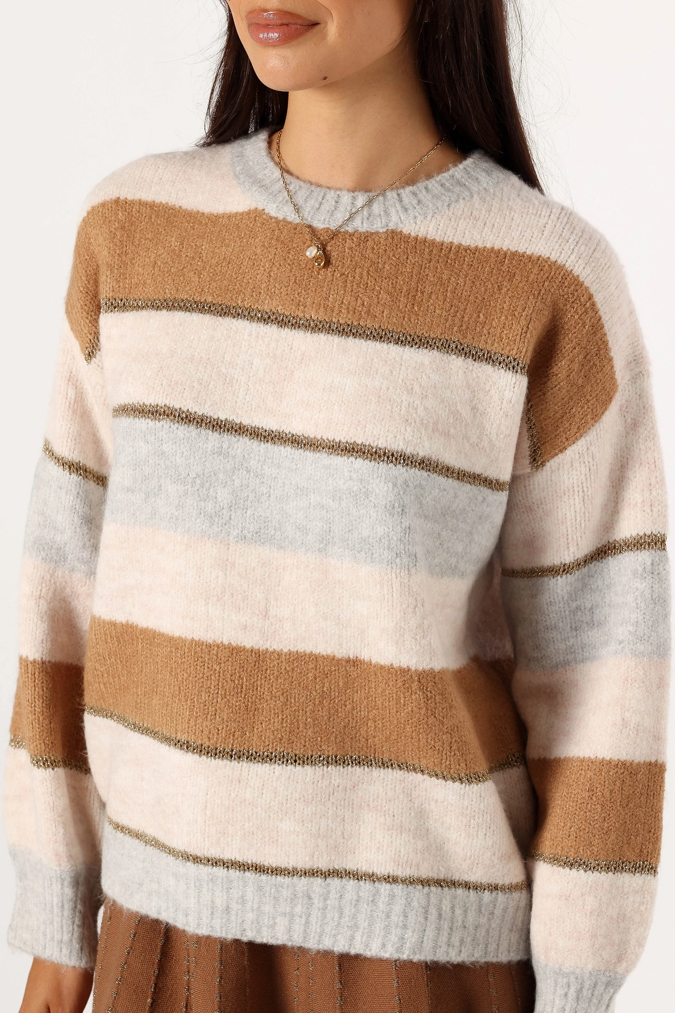 Hadleigh Shimmer Multi Stripe Knit Sweater - Cream/Camel - Image 6