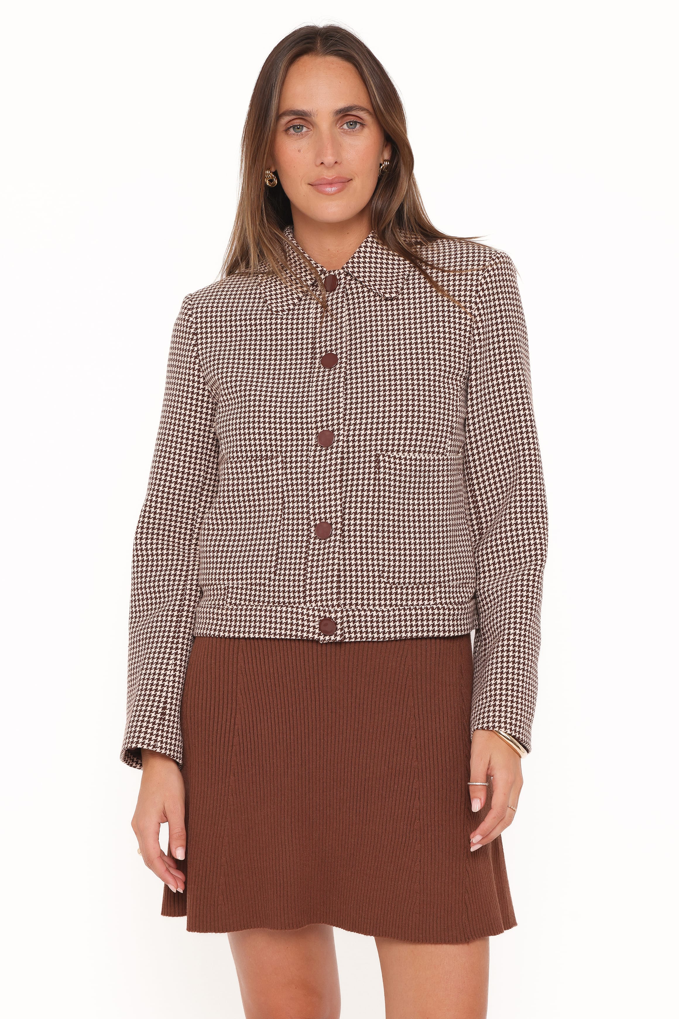 Harvie Crop Trucker Jacket - Brown Houndstooth - Image 6