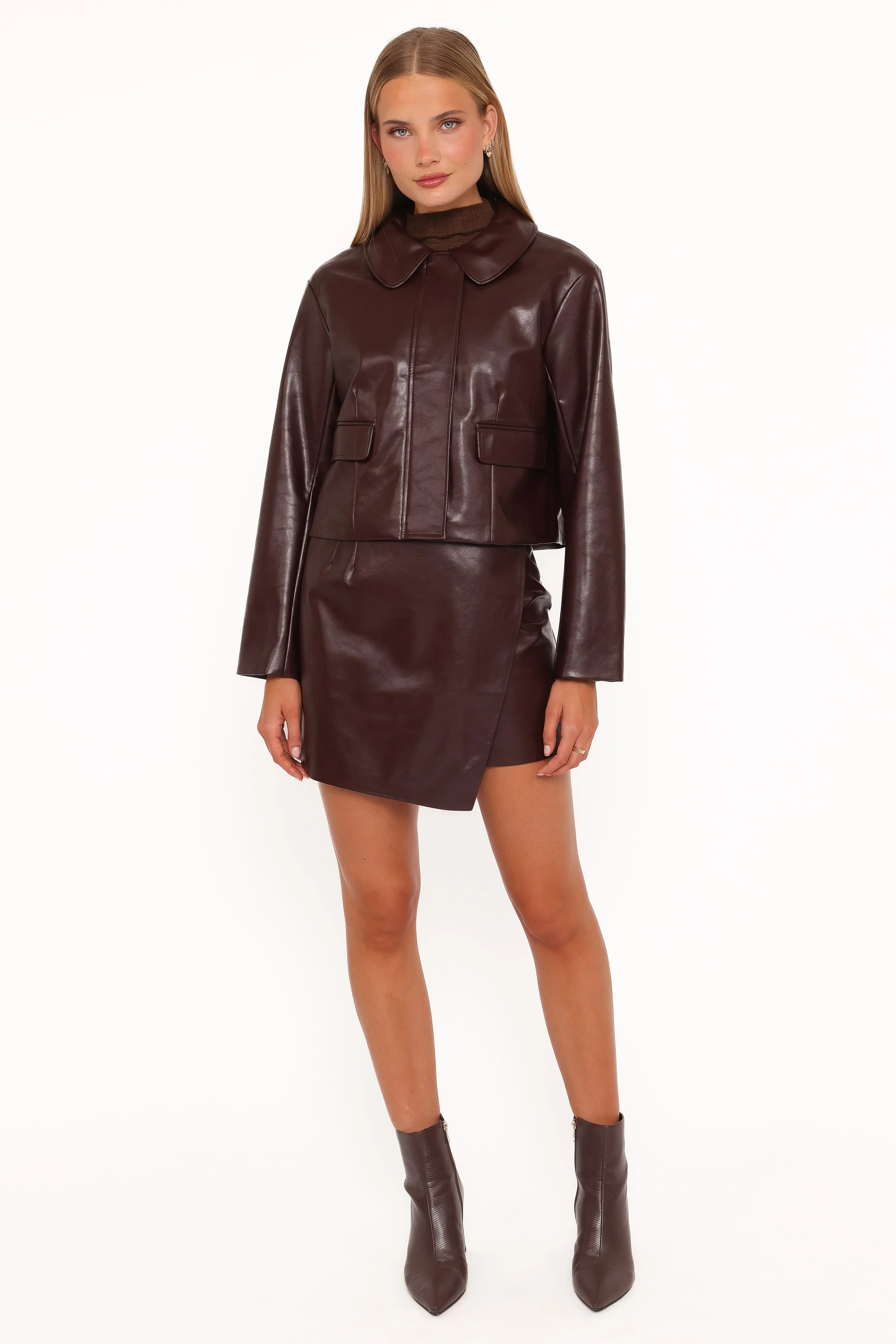 Haylie Crop Faux Leather Jacket - Burgundy - Image 7