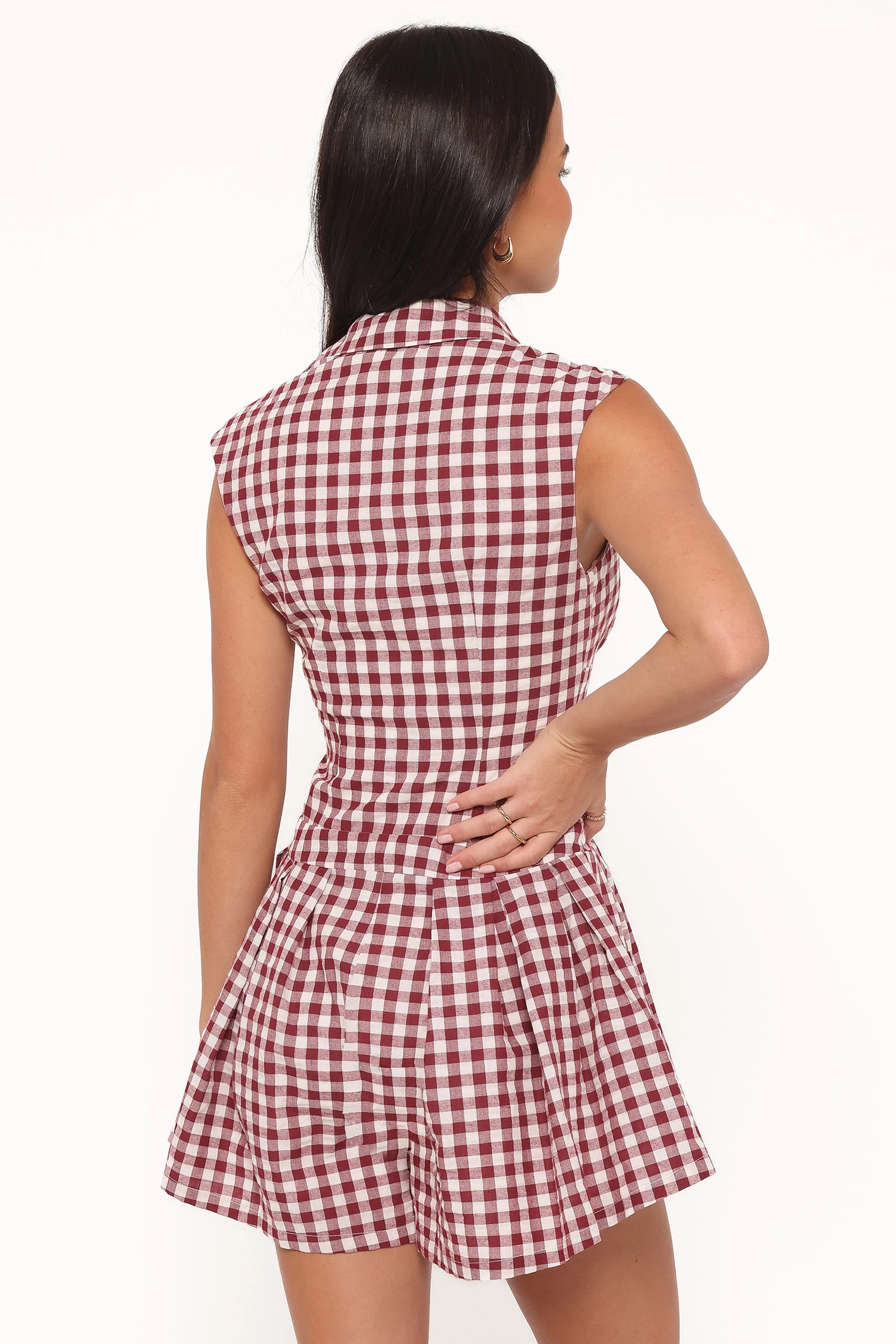 Helen Button Front Playsuit - Burgundy Gingham - Image 5