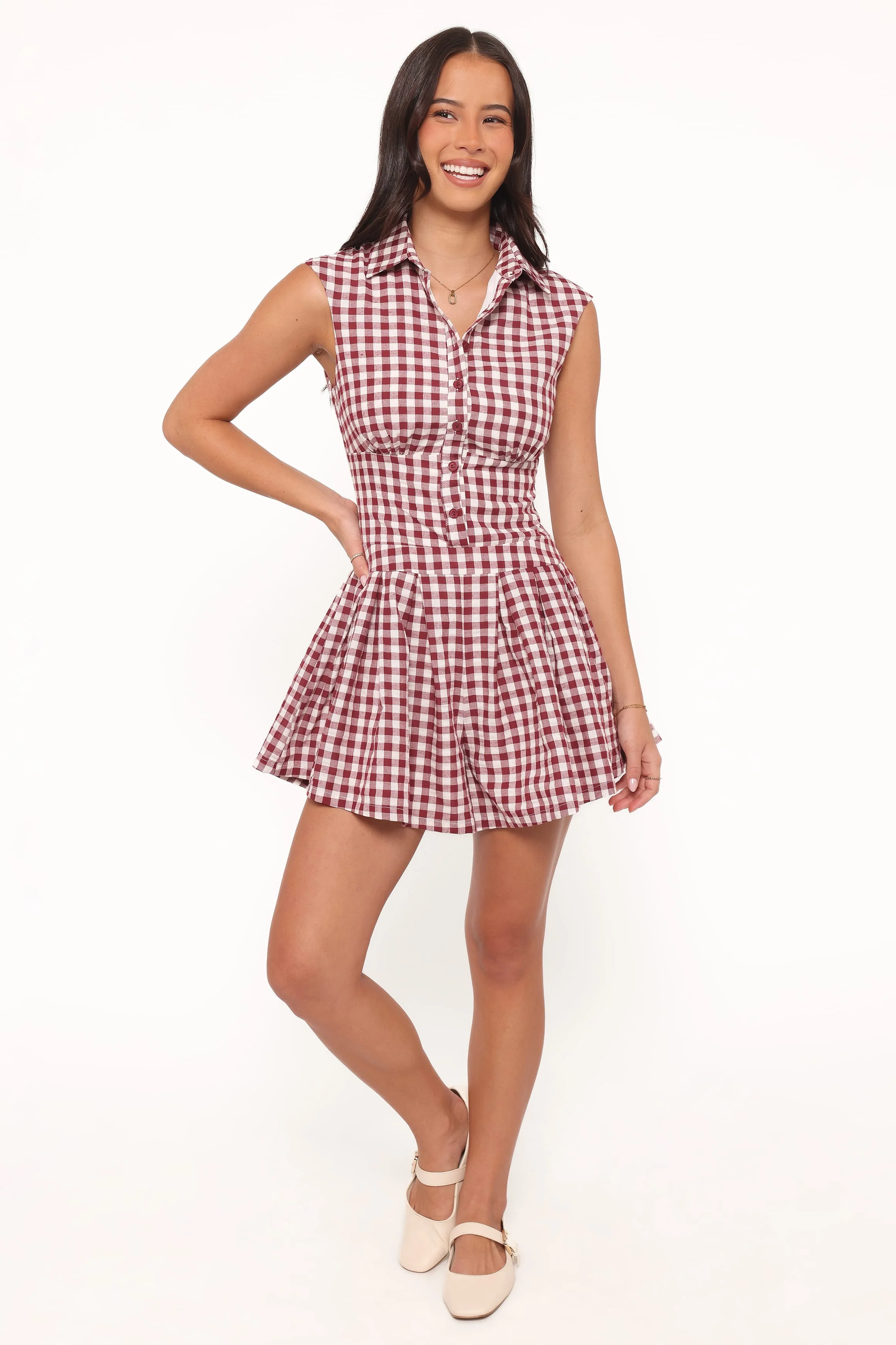 Helen Button Front Playsuit - Burgundy Gingham - Image 6