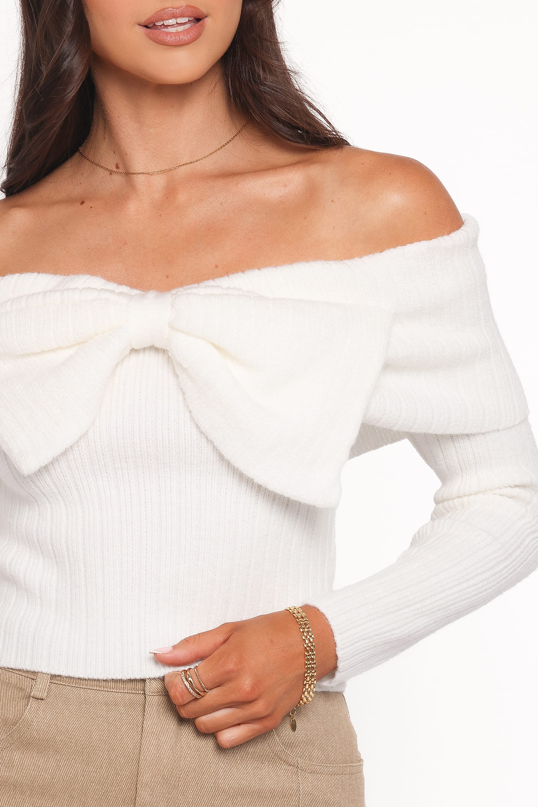 Helene Bow Off Shoulder Knit Sweater - Ivory - Image 2