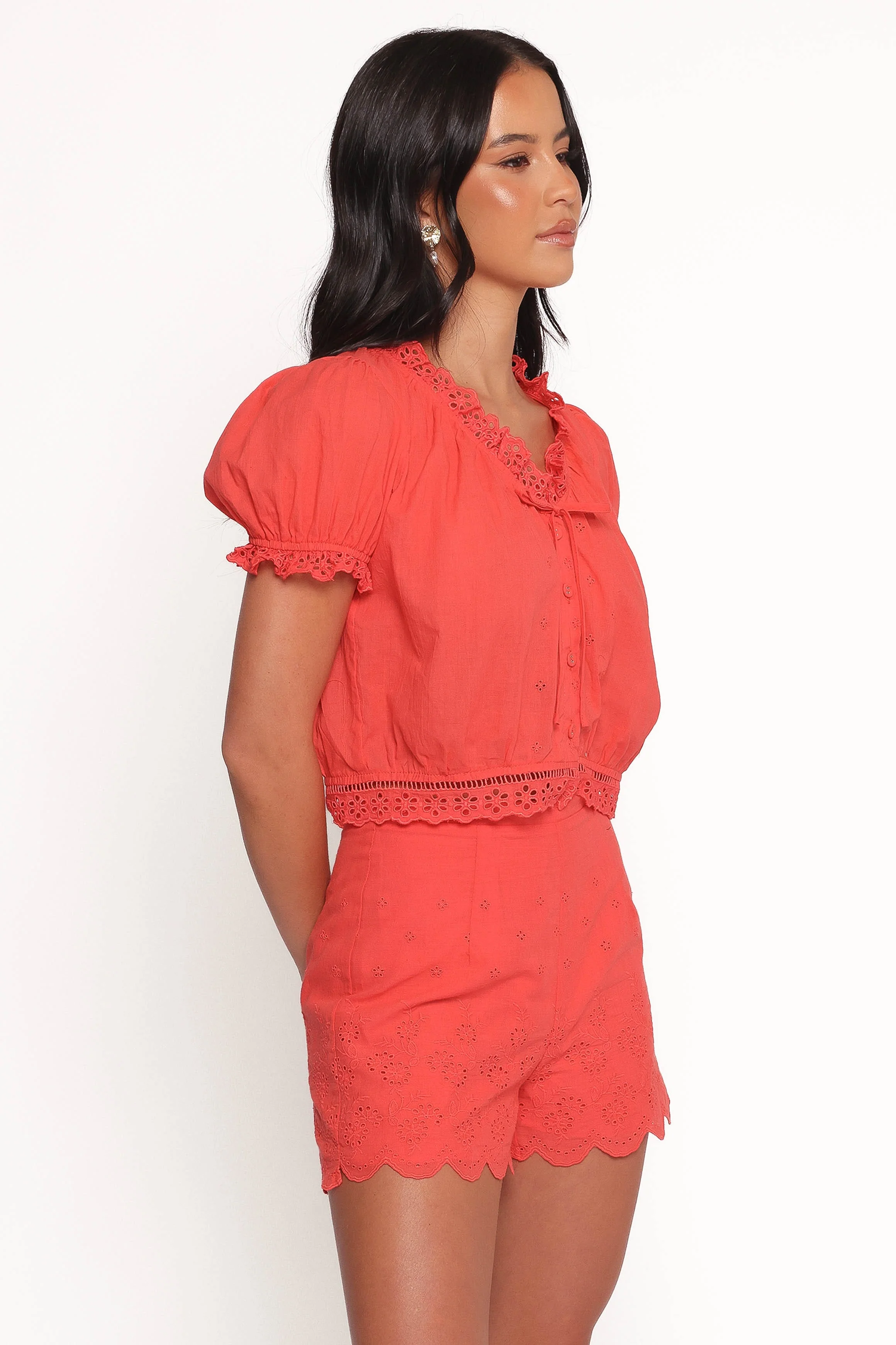 Isolde Lace Trim Top - Coral - Image 5
