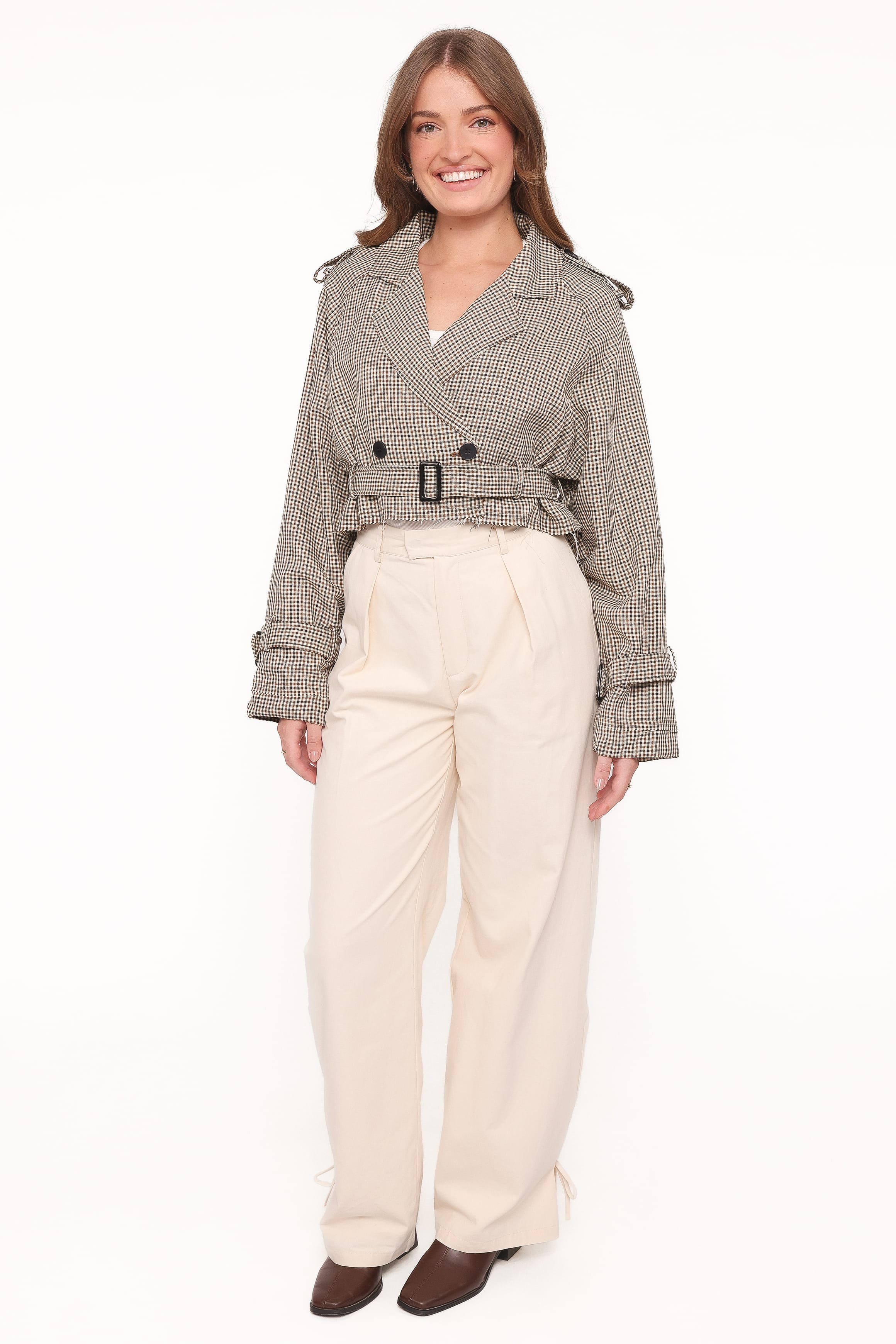 Izzi Crop Trench Jacket - Black/Brown Plaid - Image 5