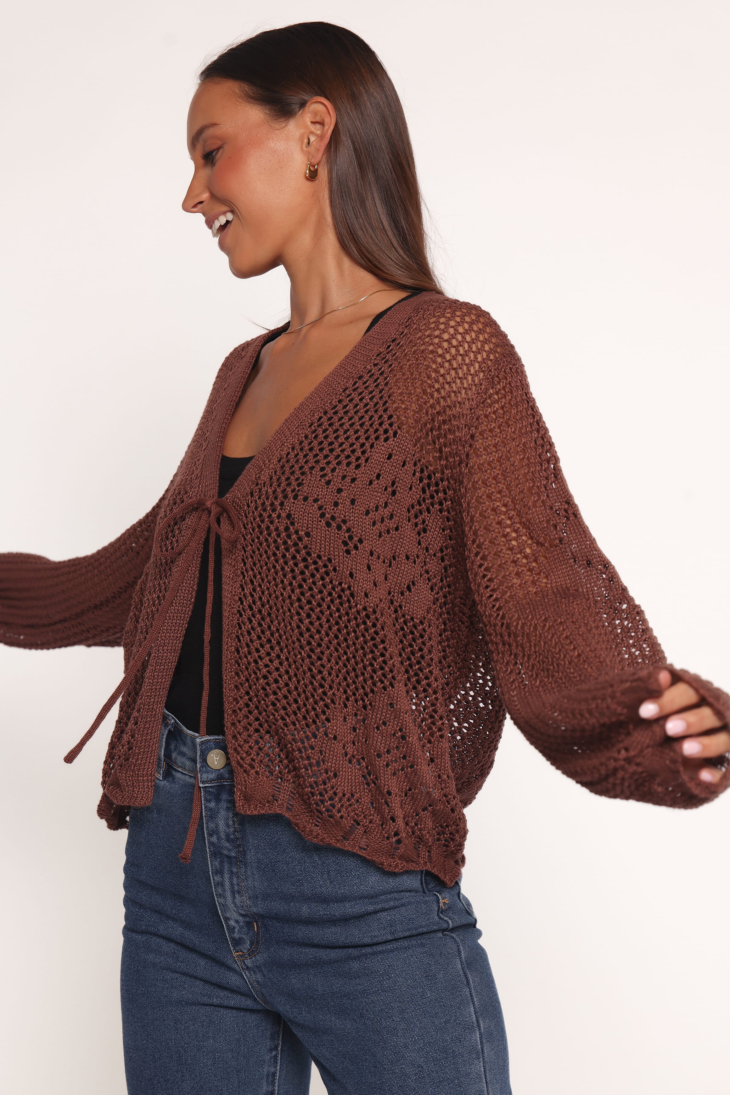 Jeniper Tie Front Flower Cardigan - Brown - Image 2