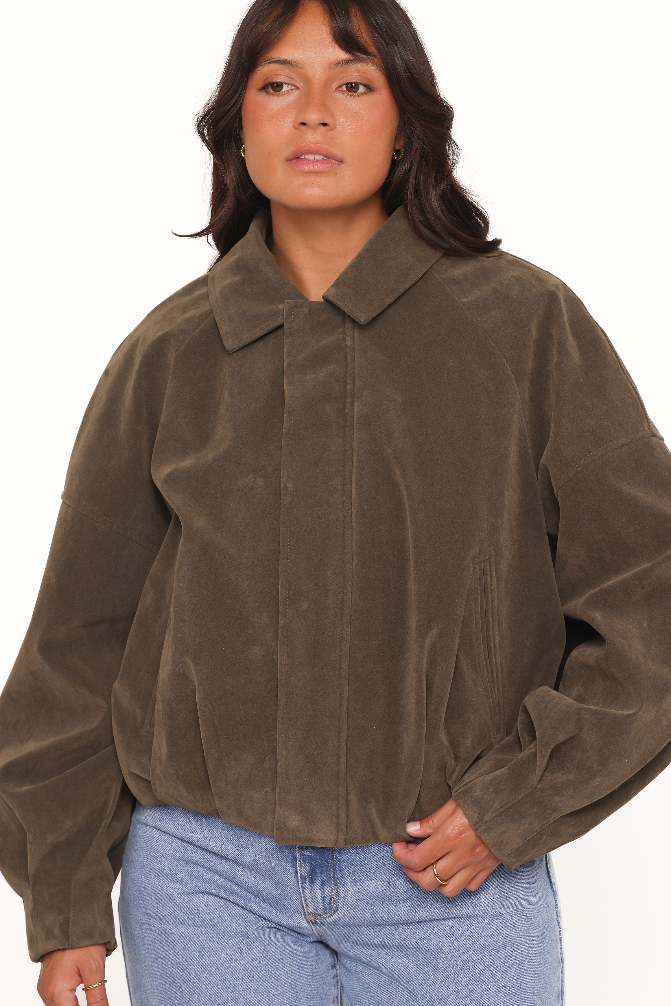 Jensen Faux Suede Bomber Jacket - Olive - Image 3