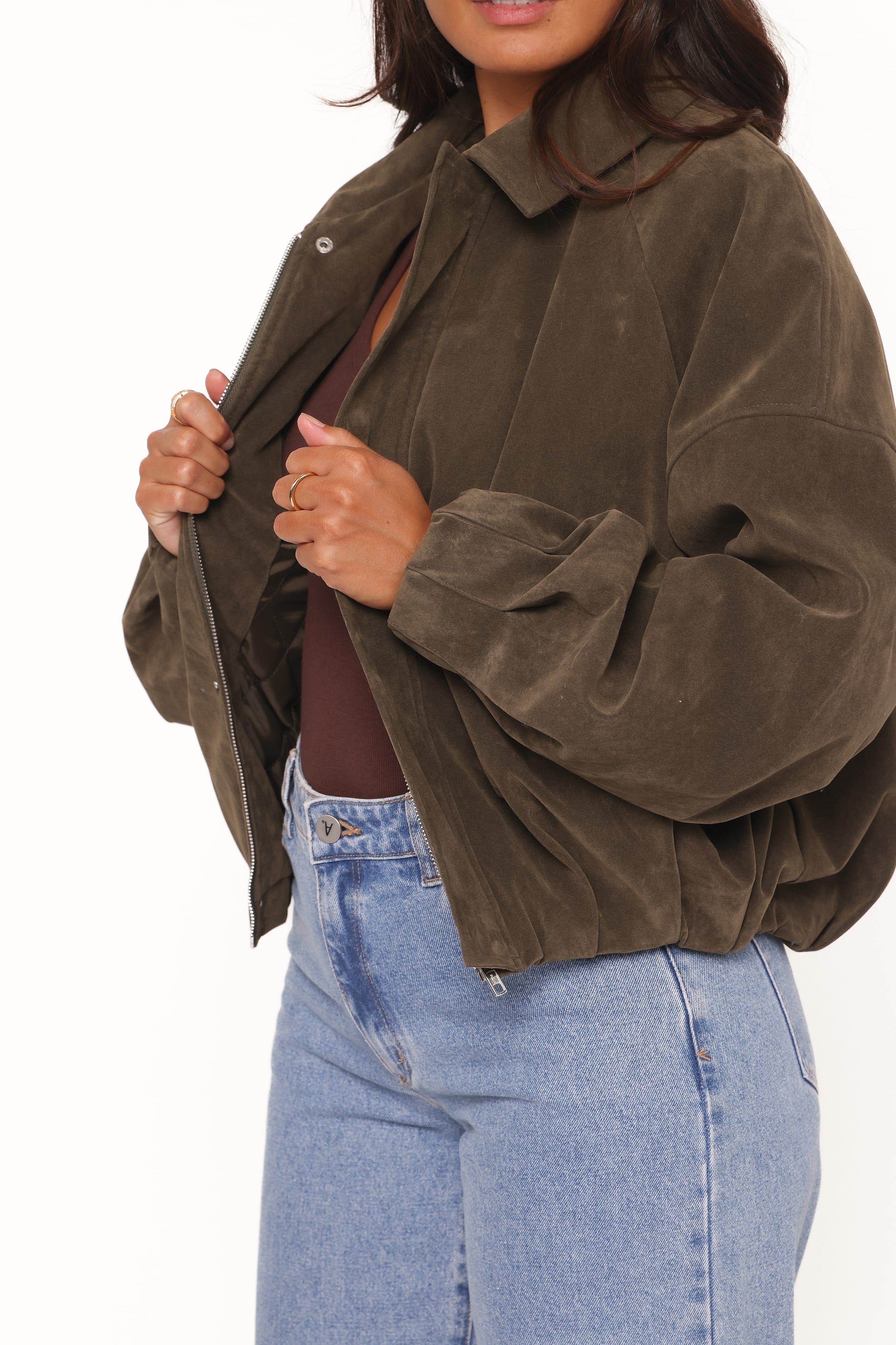 Jensen Faux Suede Bomber Jacket - Olive - Image 4