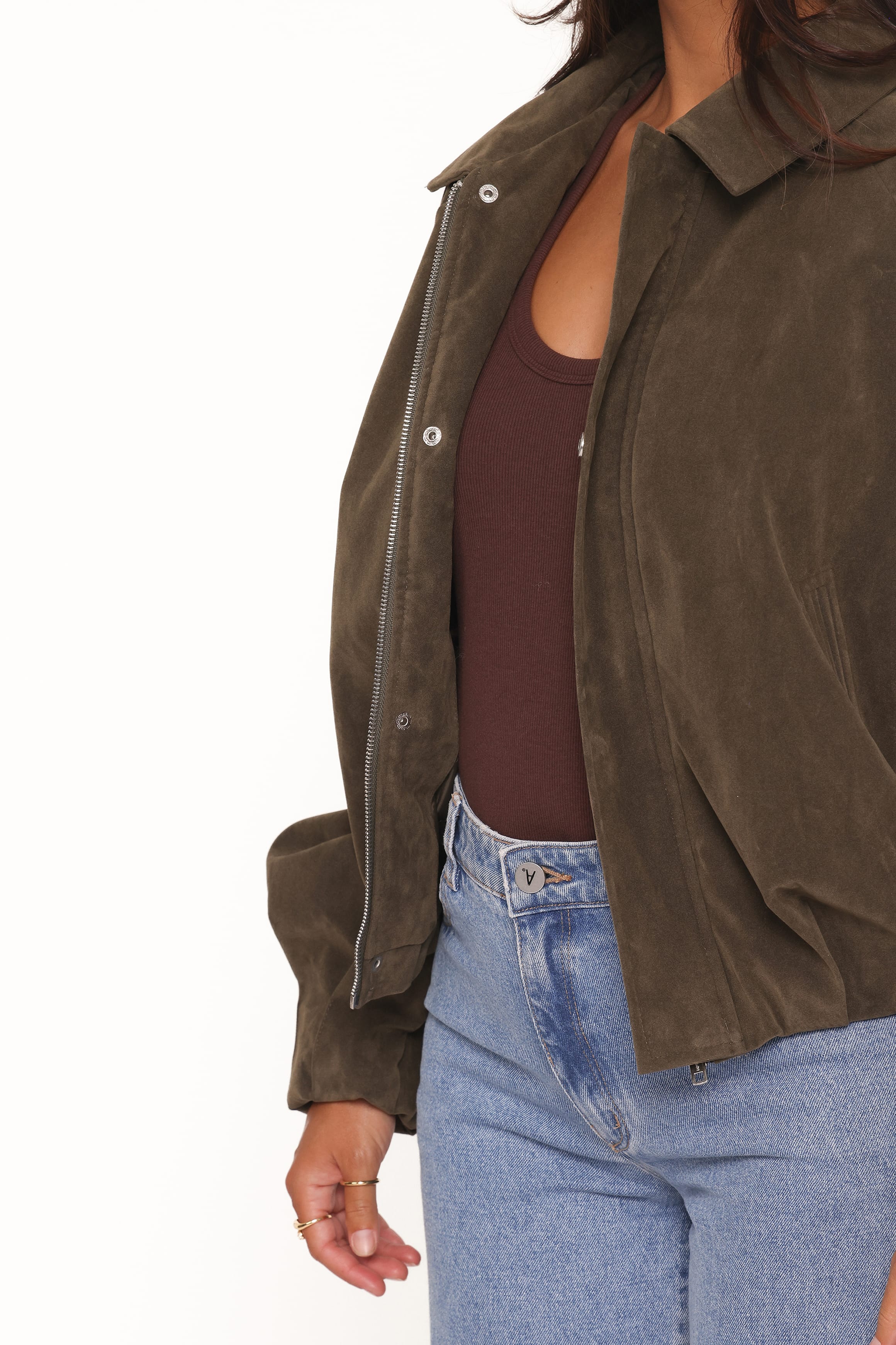 Jensen Faux Suede Bomber Jacket - Olive - Image 7