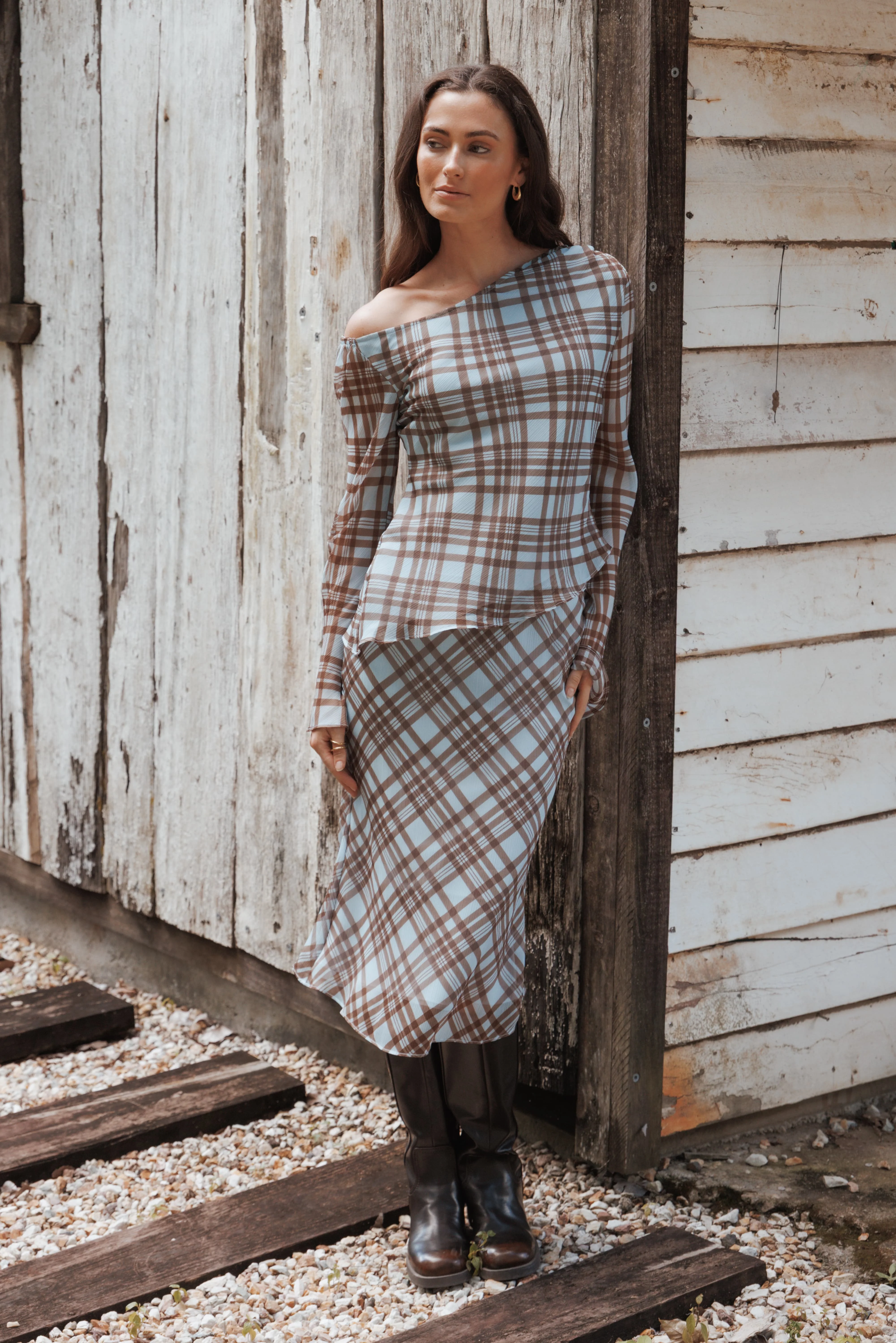 Josiana Pencil Skirt - Blue/Brown Plaid - Image 9