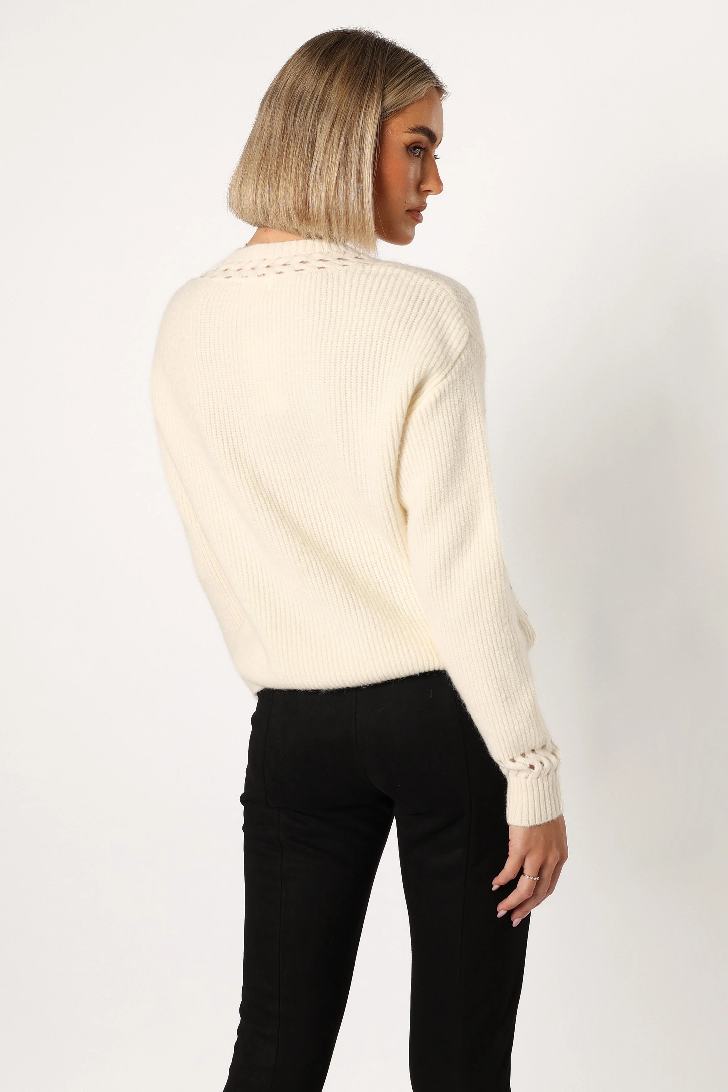 Journee Jewel Embellished V Neck Knit Sweater - Cream - Image 4