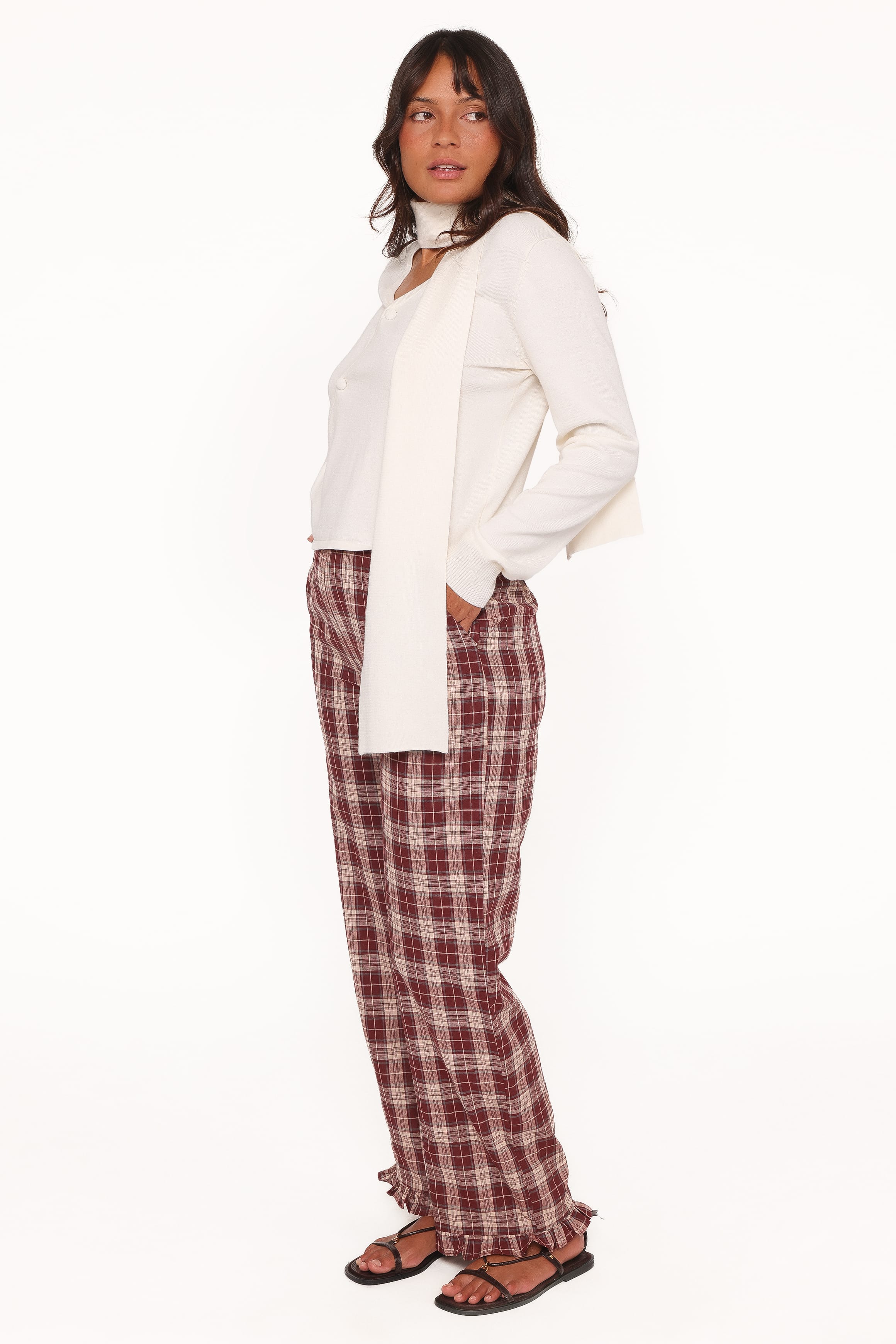 Kaelia Frill Hem Straight Pant - Burgundy Plaid - Image 4