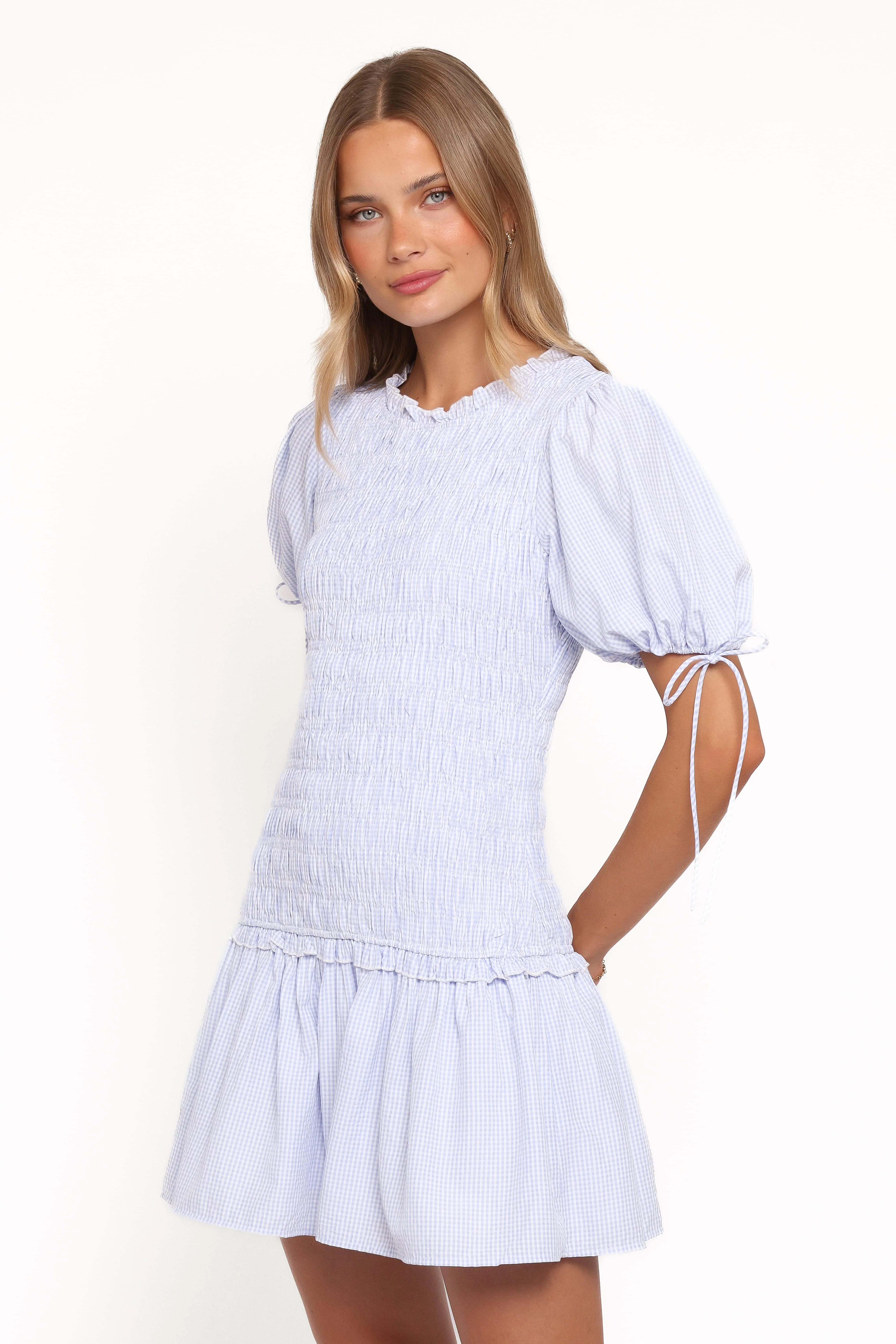 Kaelyn Gather Mini Dress - Blue Gingham - Image 4