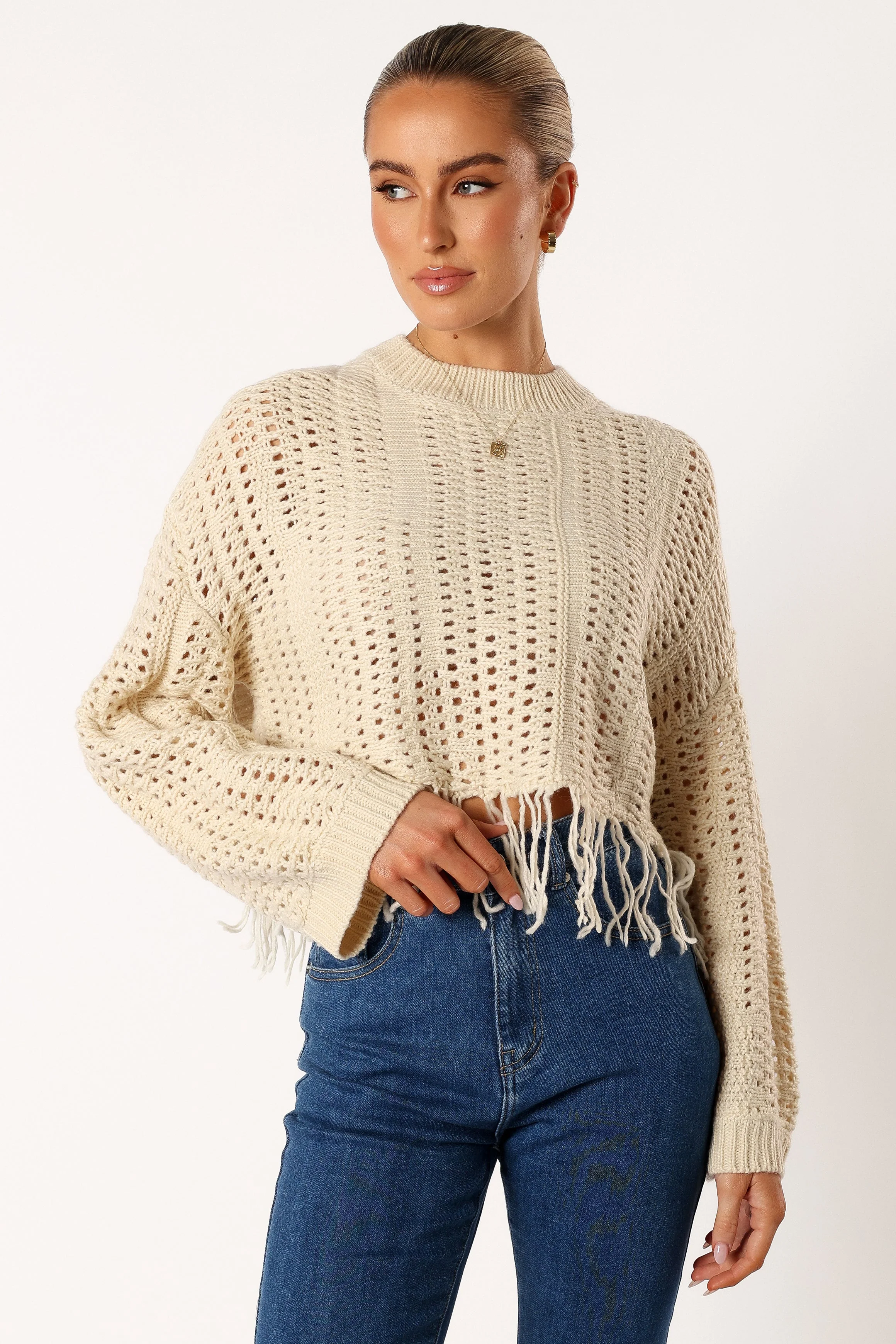Katalina Fringe Crop Knit Sweater - Cream - Image 6