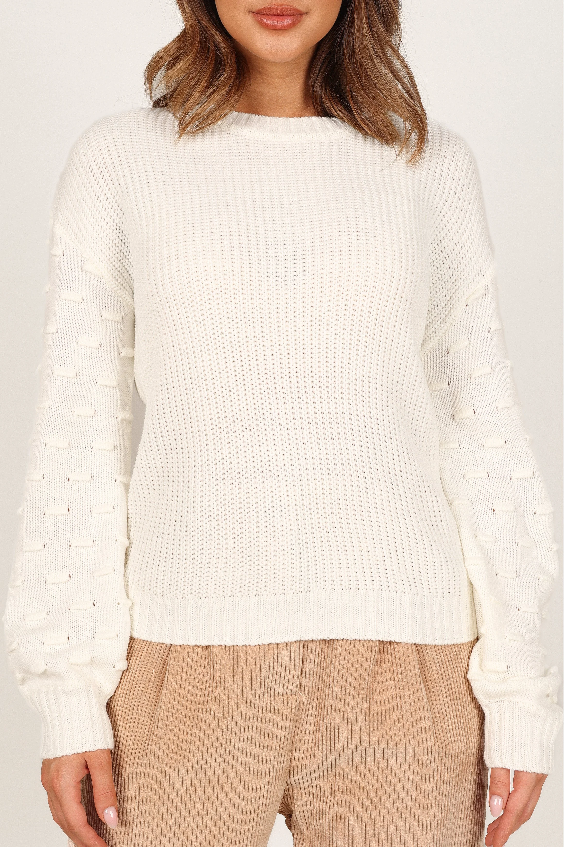 Katrina Textured Sleeve Crewneck Knit Sweater - White - Image 5