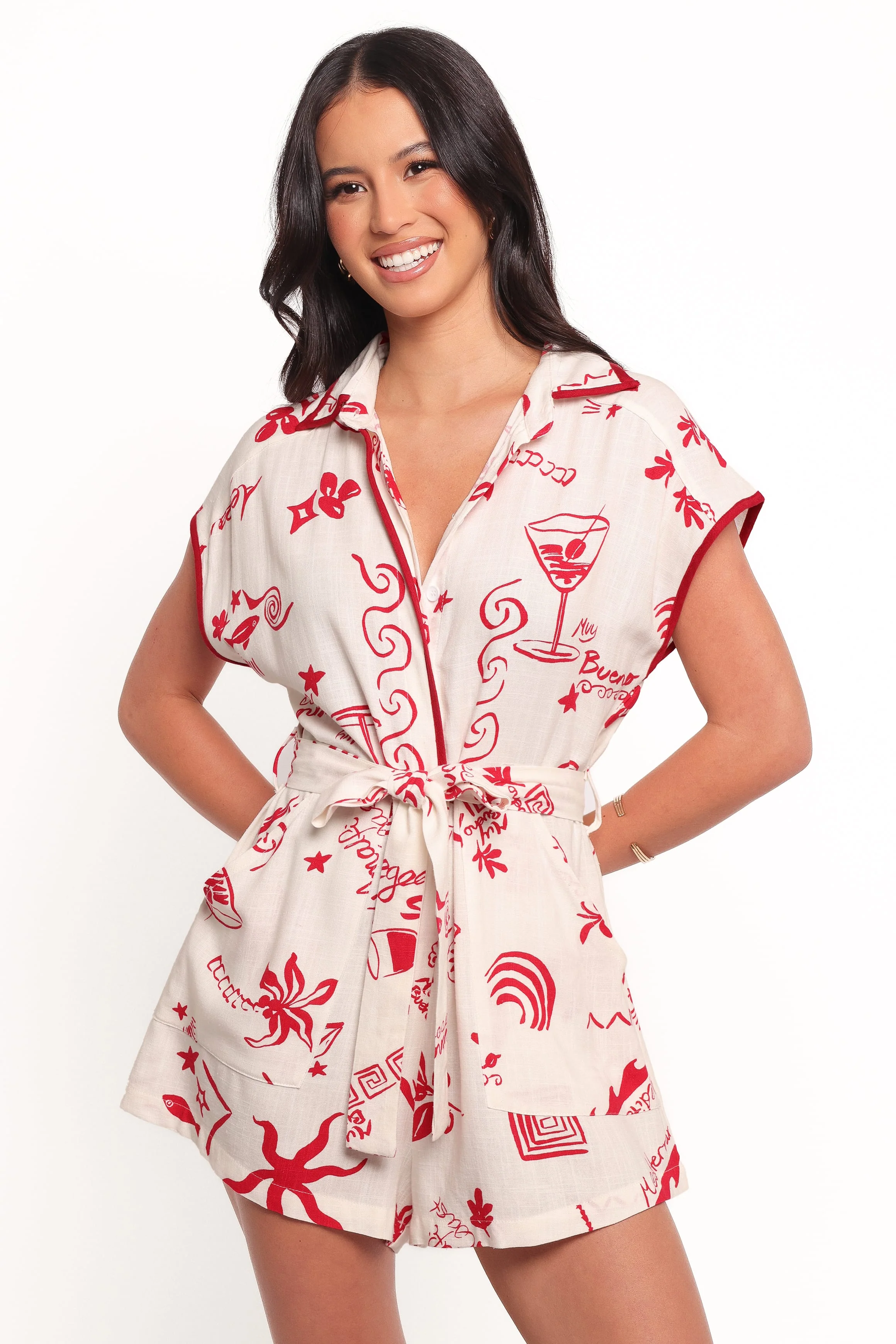 Kensie Tie Waist Playsuit - Red - Image 3