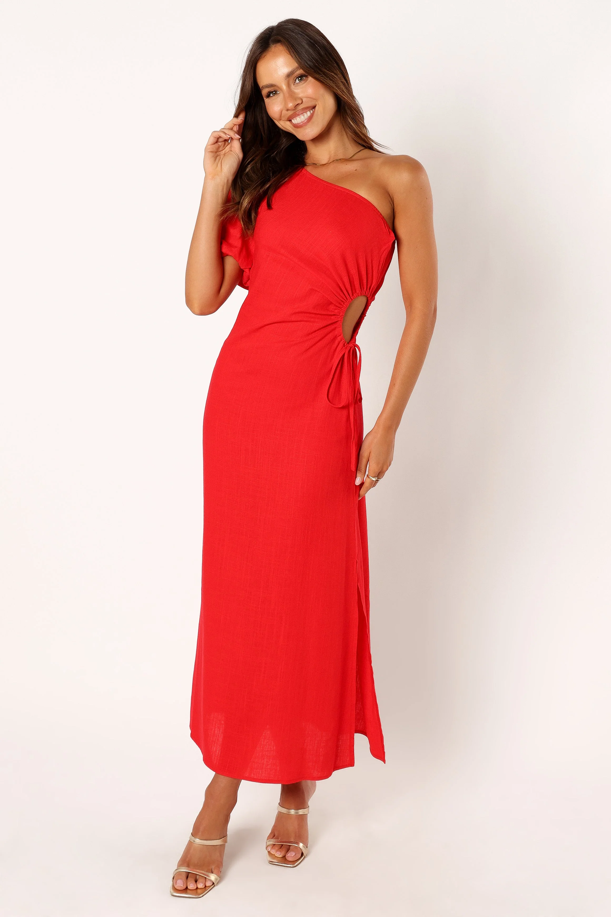 Kimmie One Shoulder Cut Out Midi Dress - Red - Image 7