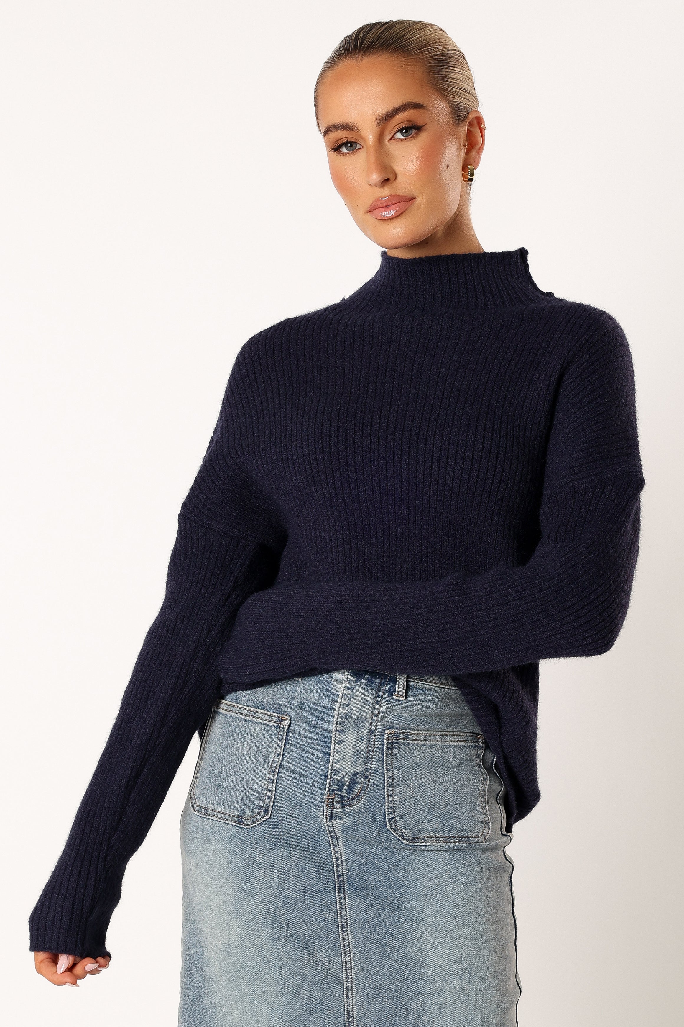 Kora Mock Neck Knit Sweater - Navy - Image 5