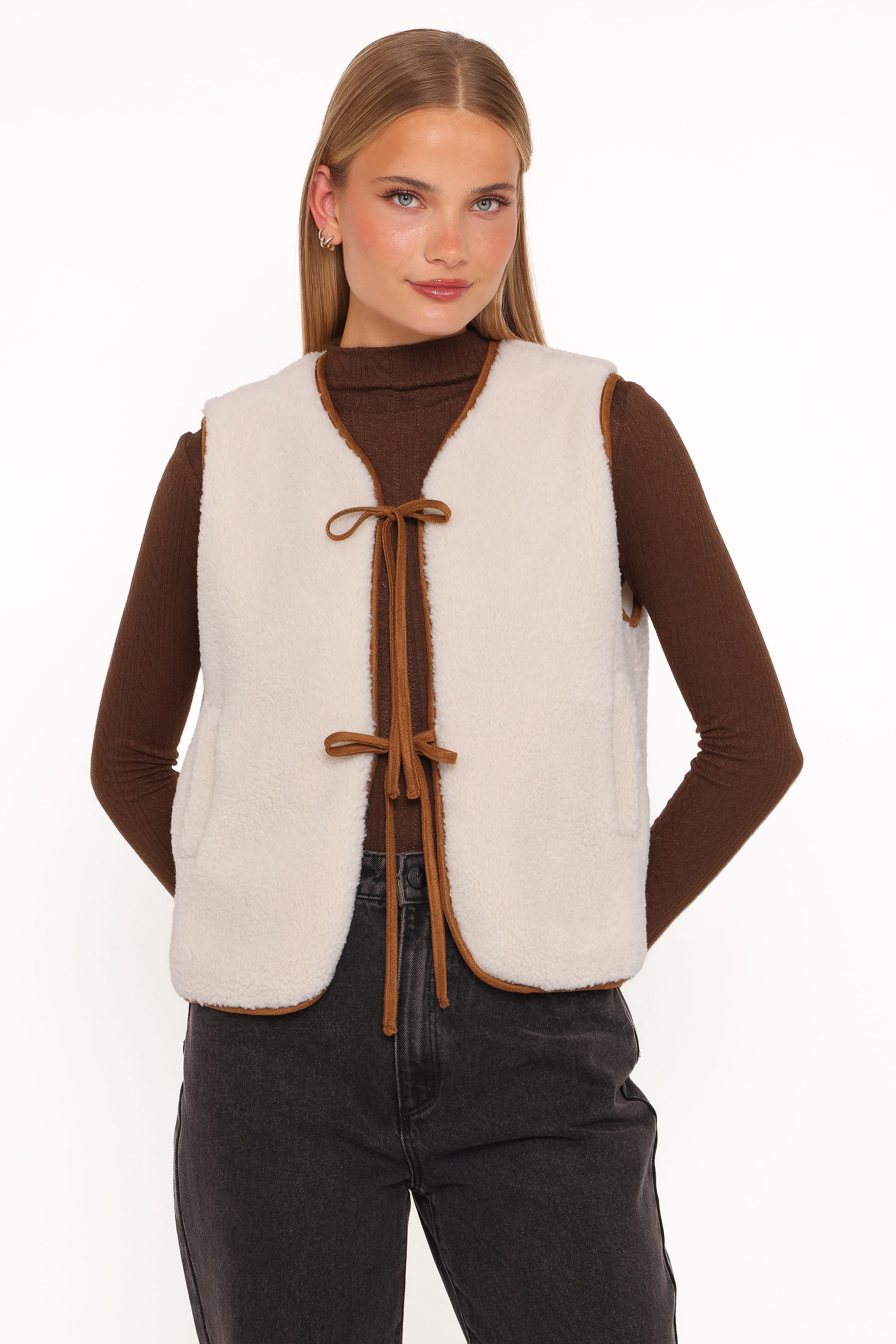Laila Tie Front Vest - Cream Shearling - Image 2