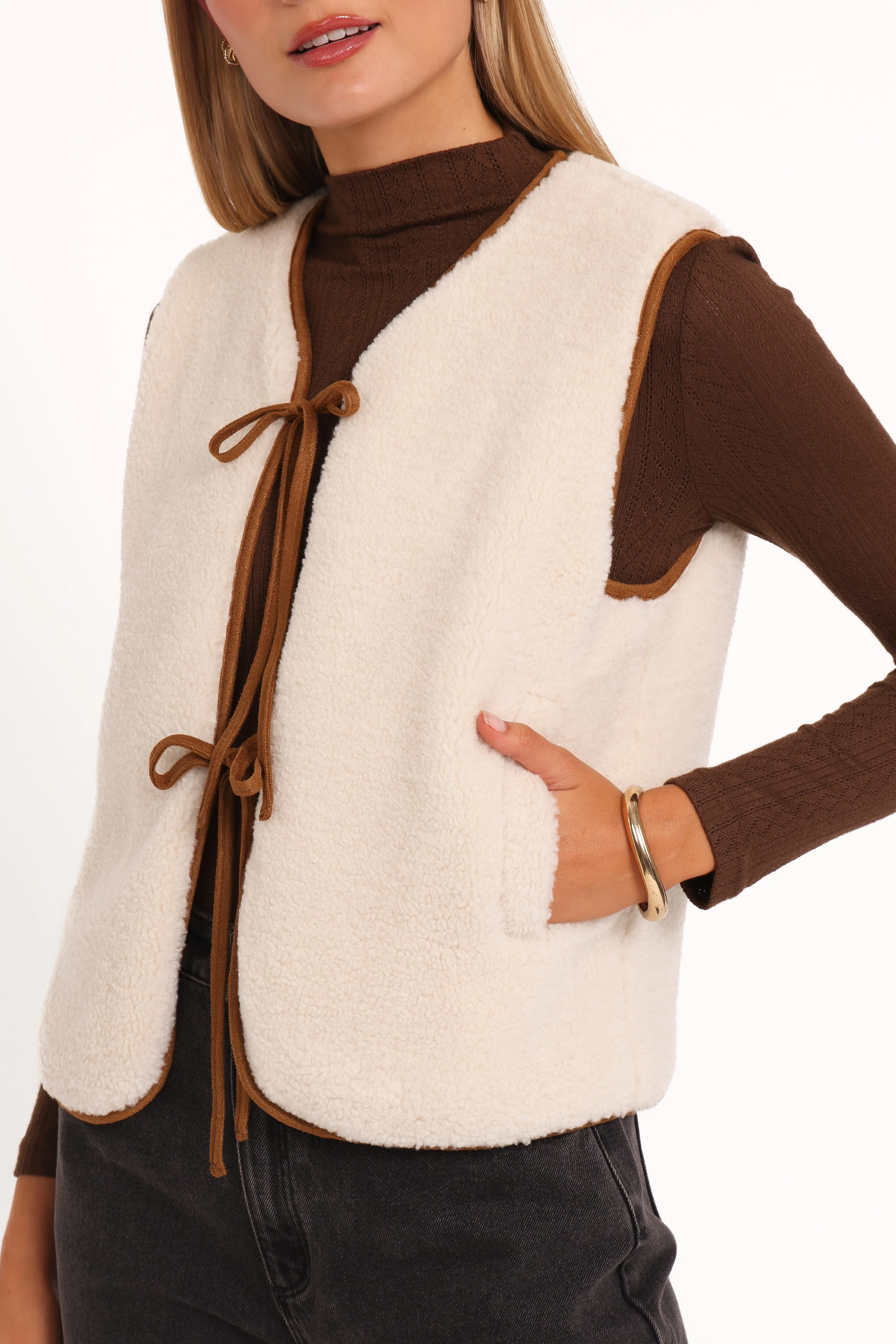 Laila Tie Front Vest - Cream Shearling - Image 7
