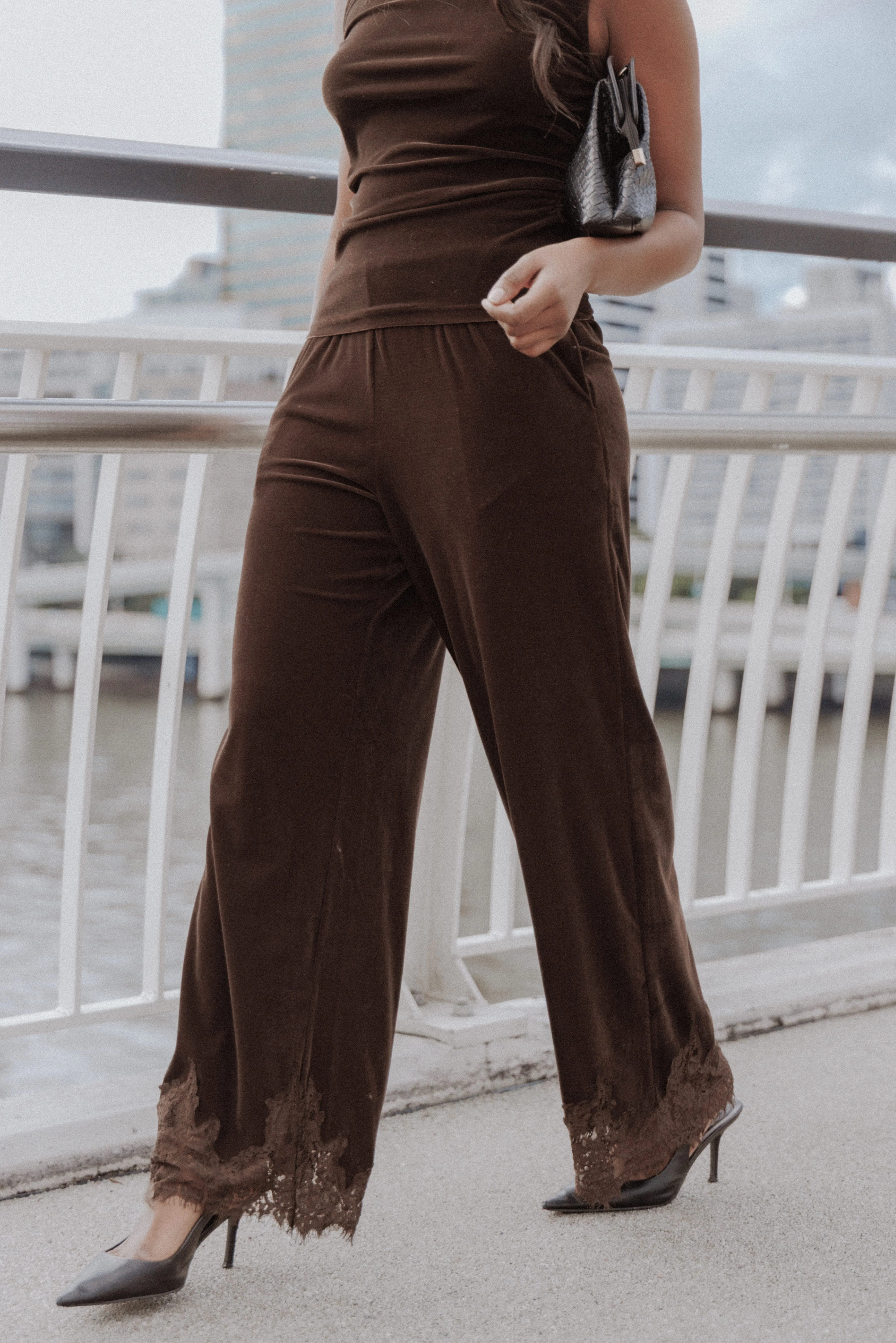 Layton Wide Leg Lace Trim Pants - Chocolate Velvet - Image 7