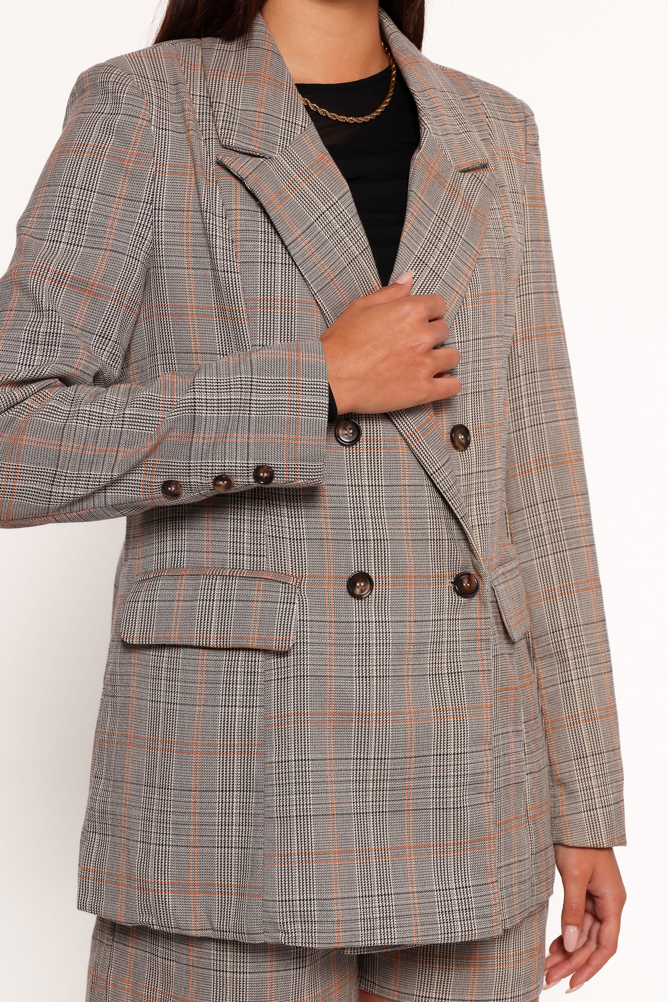 Lesia Double Button Fitted Plaid Blazer - Taupe Multi - Image 3