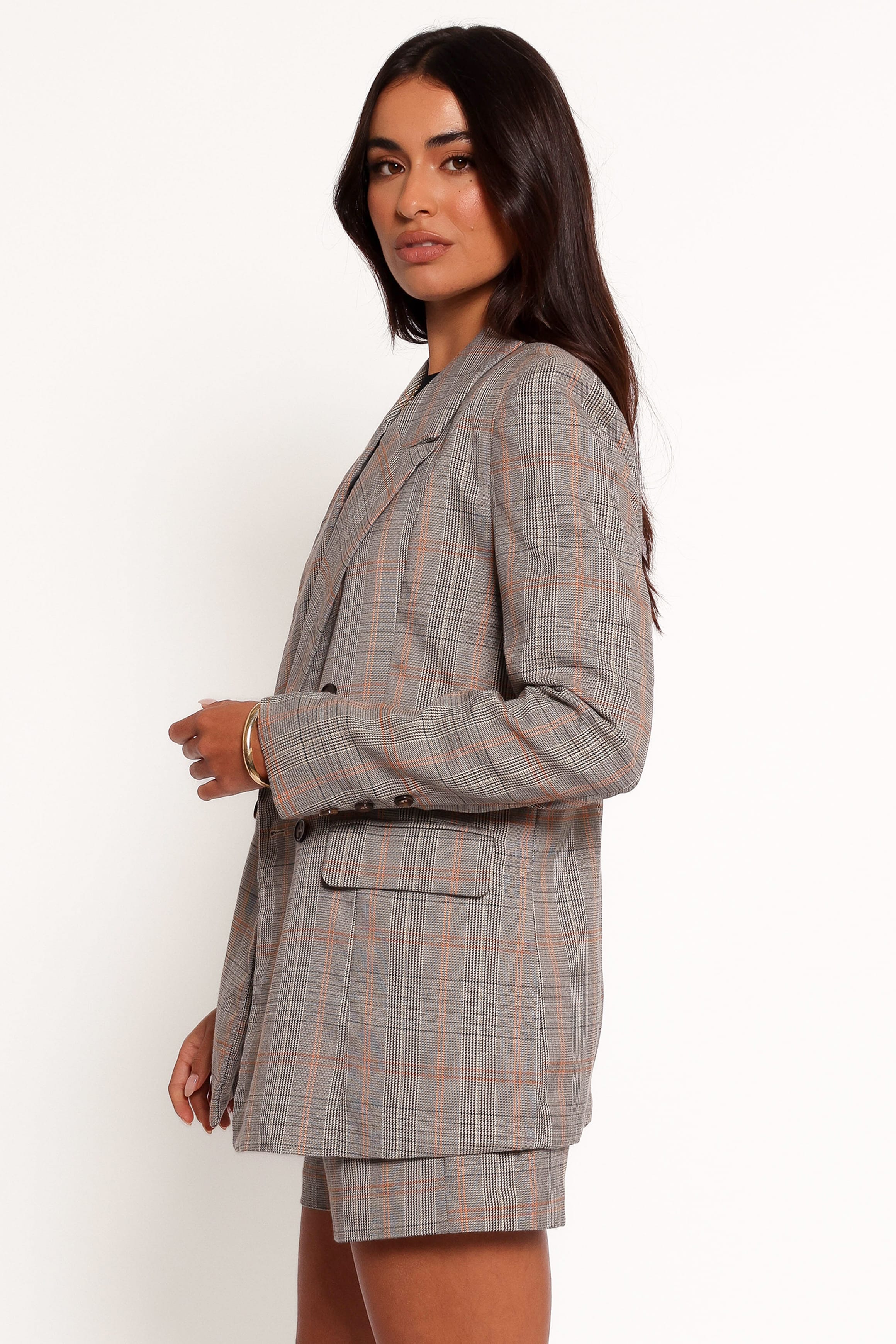 Lesia Double Button Fitted Plaid Blazer - Taupe Multi - Image 4