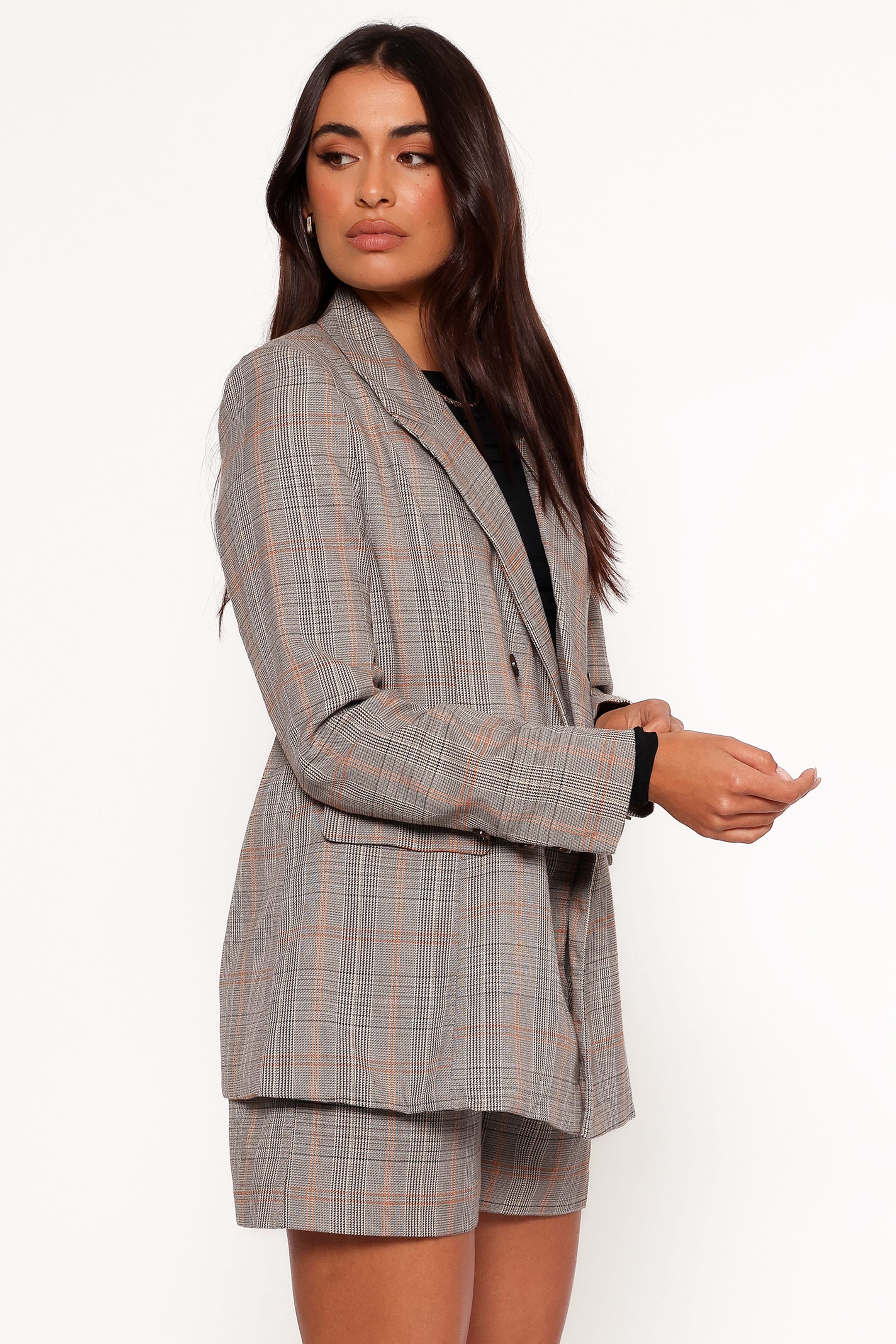 Lesia Double Button Fitted Plaid Blazer - Taupe Multi - Image 6