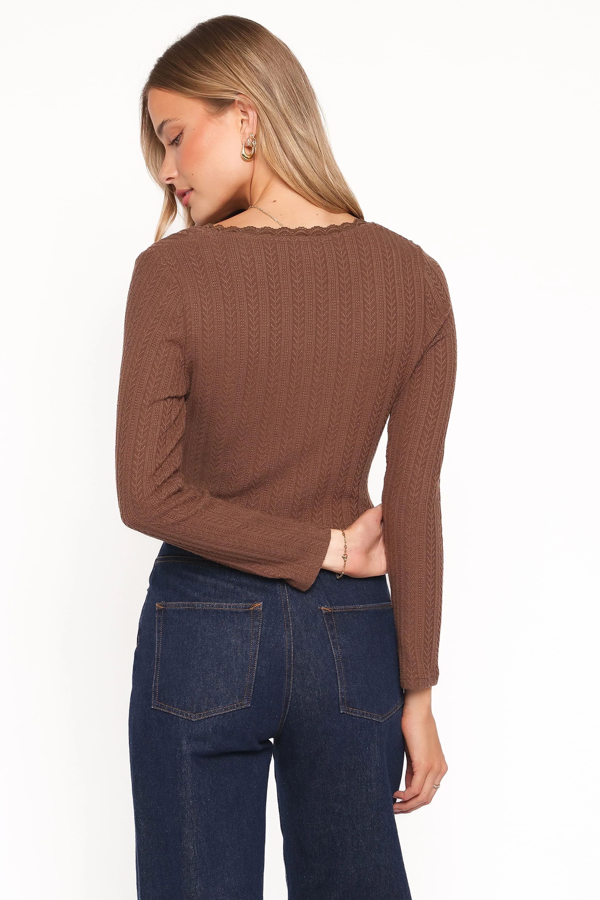 Leslie Long Sleeve Textured Button Front Top - Chocolate - Image 4
