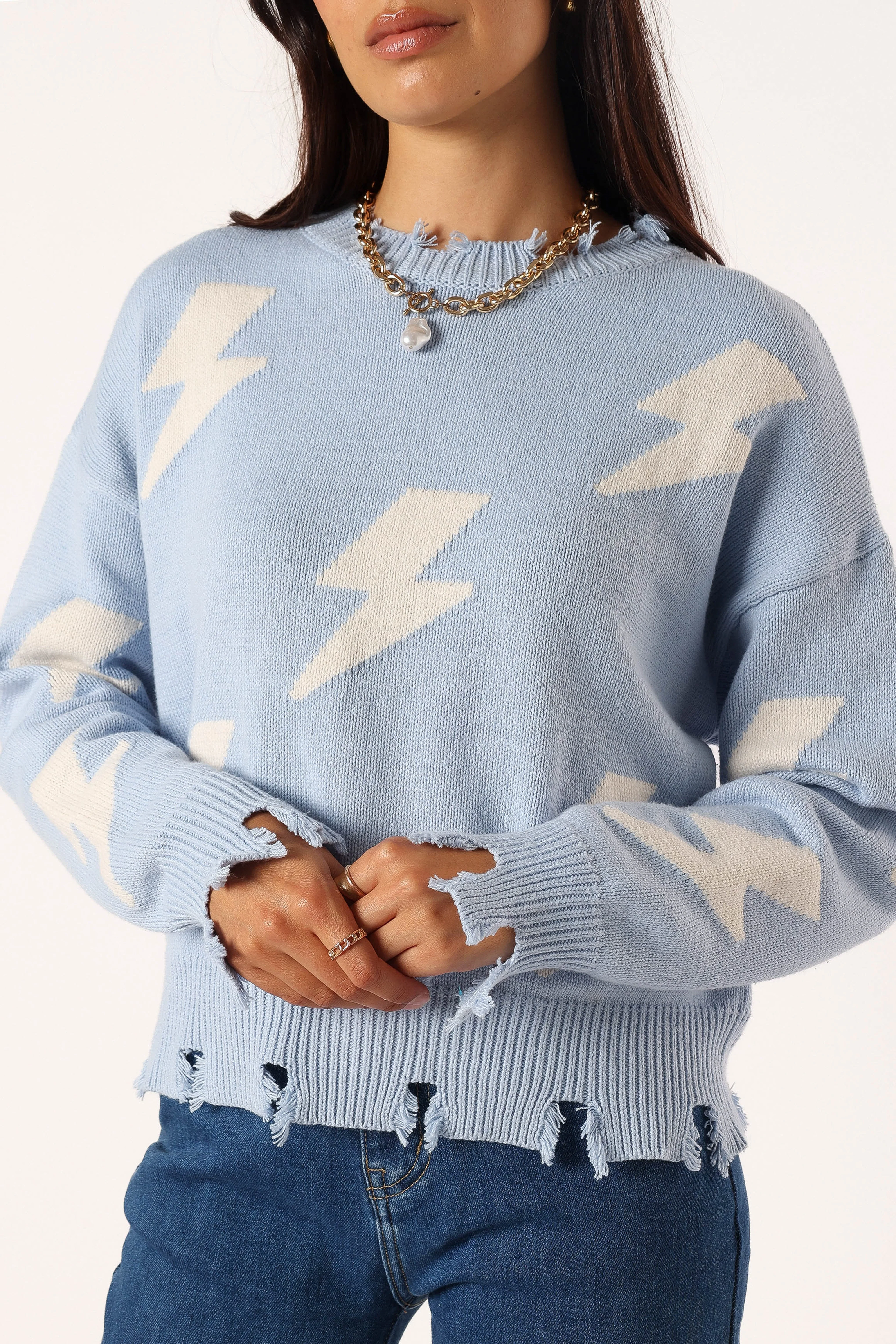Lightning Bolt Printed Fray Detail Knit Sweater - Light Blue - Image 7