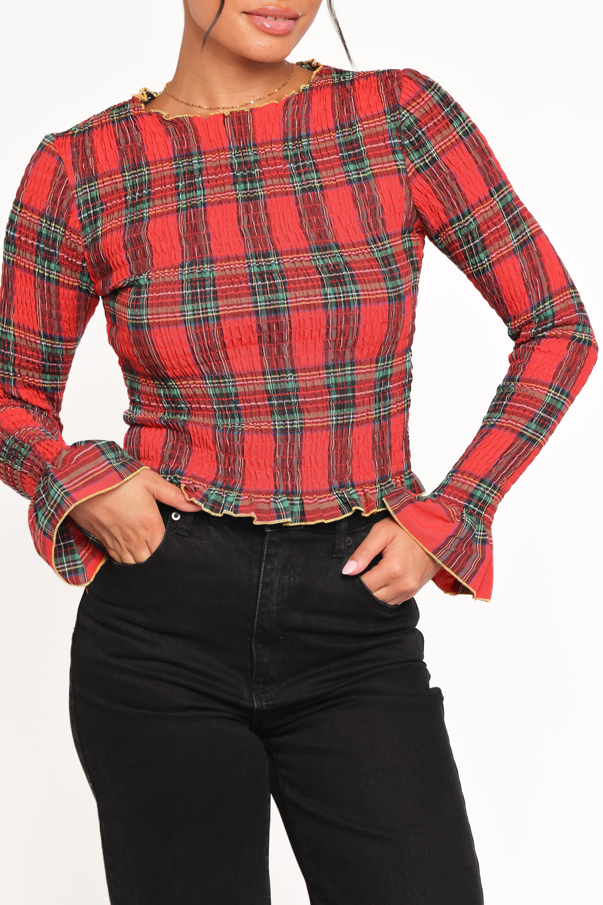 Lillee Ruched Top - Red Plaid - Image 3