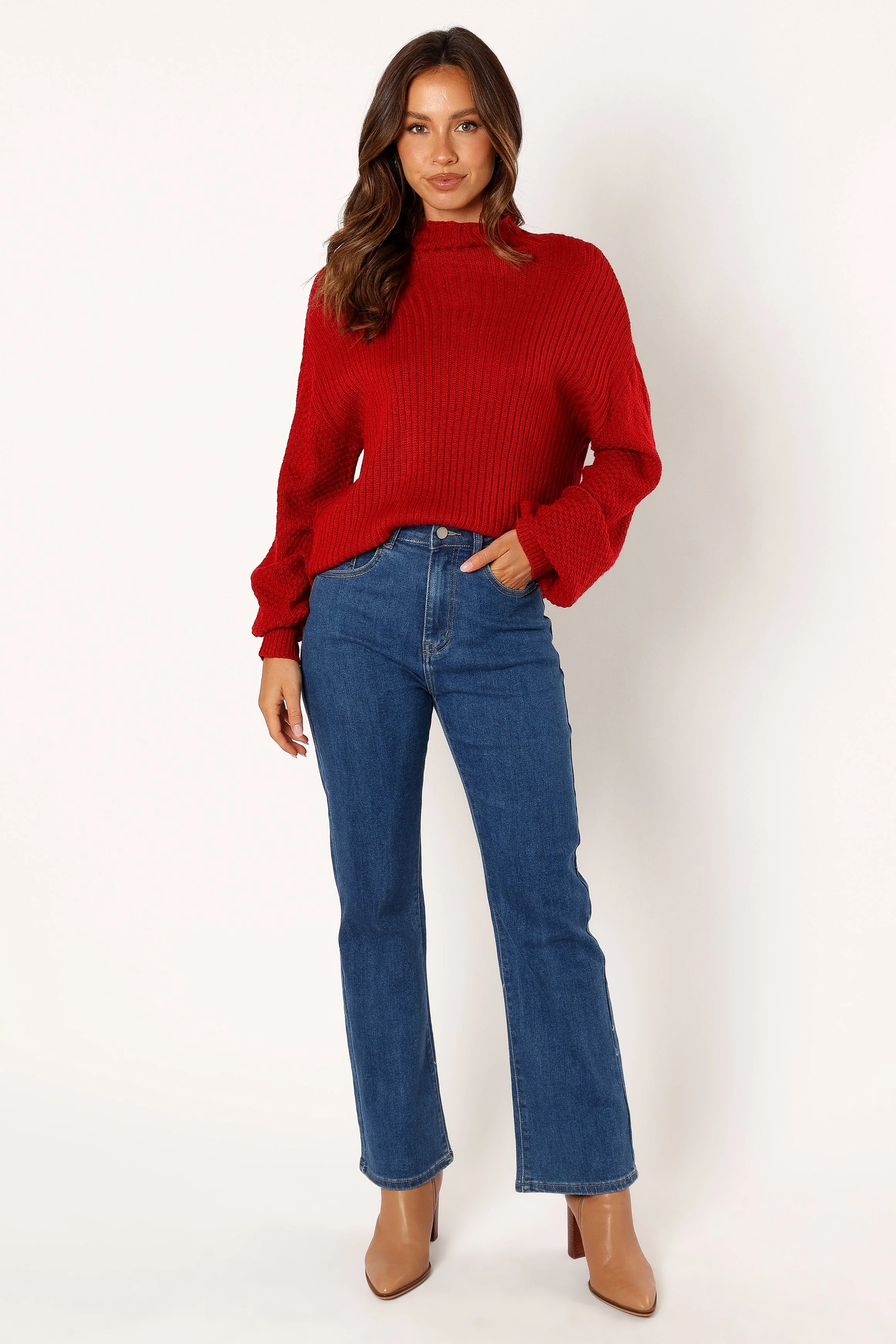 Lorelei Textured Sleeve Knit Sweater - Red - Image 7