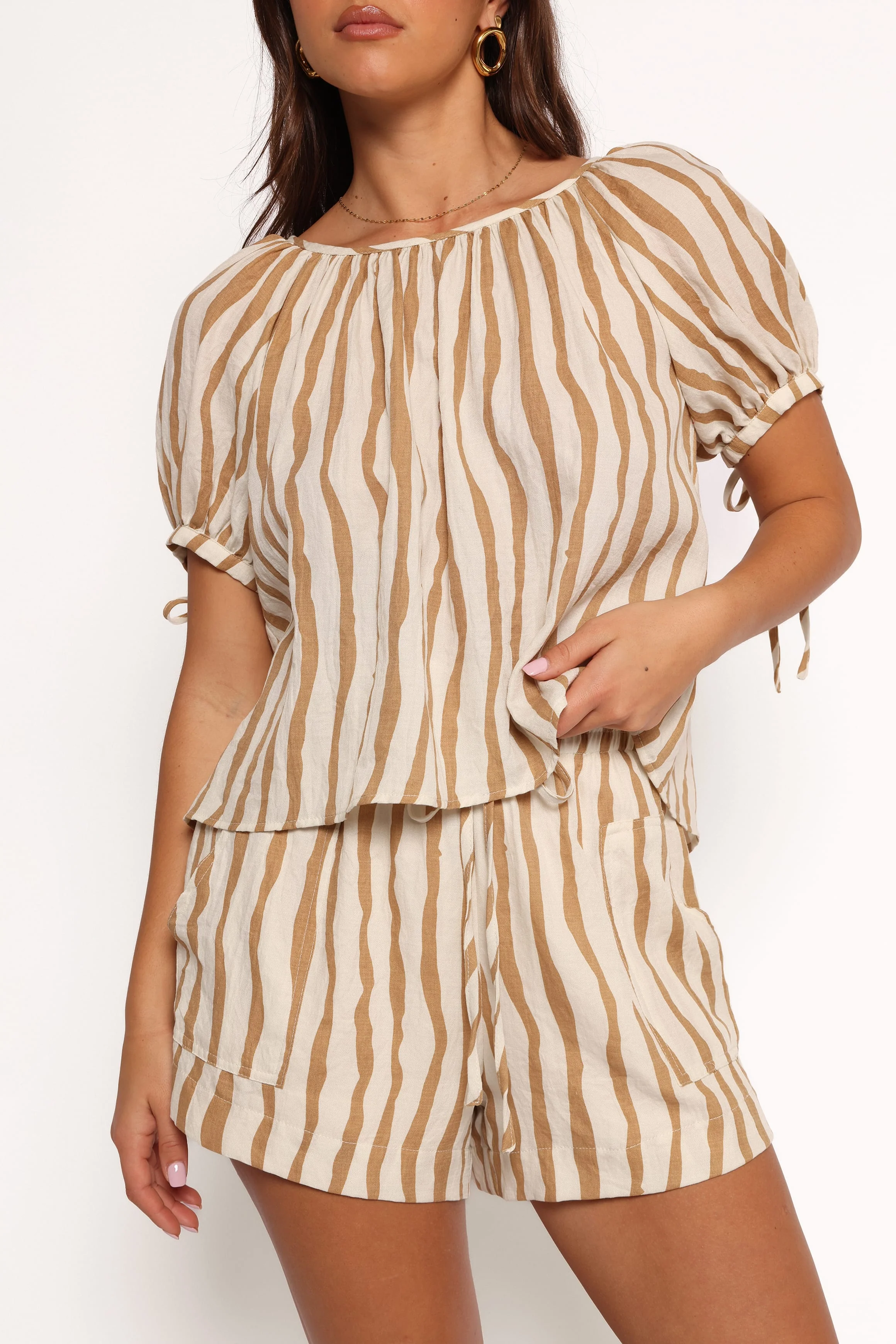 Maggie Two Piece Set - White Tan Stripe - Image 2