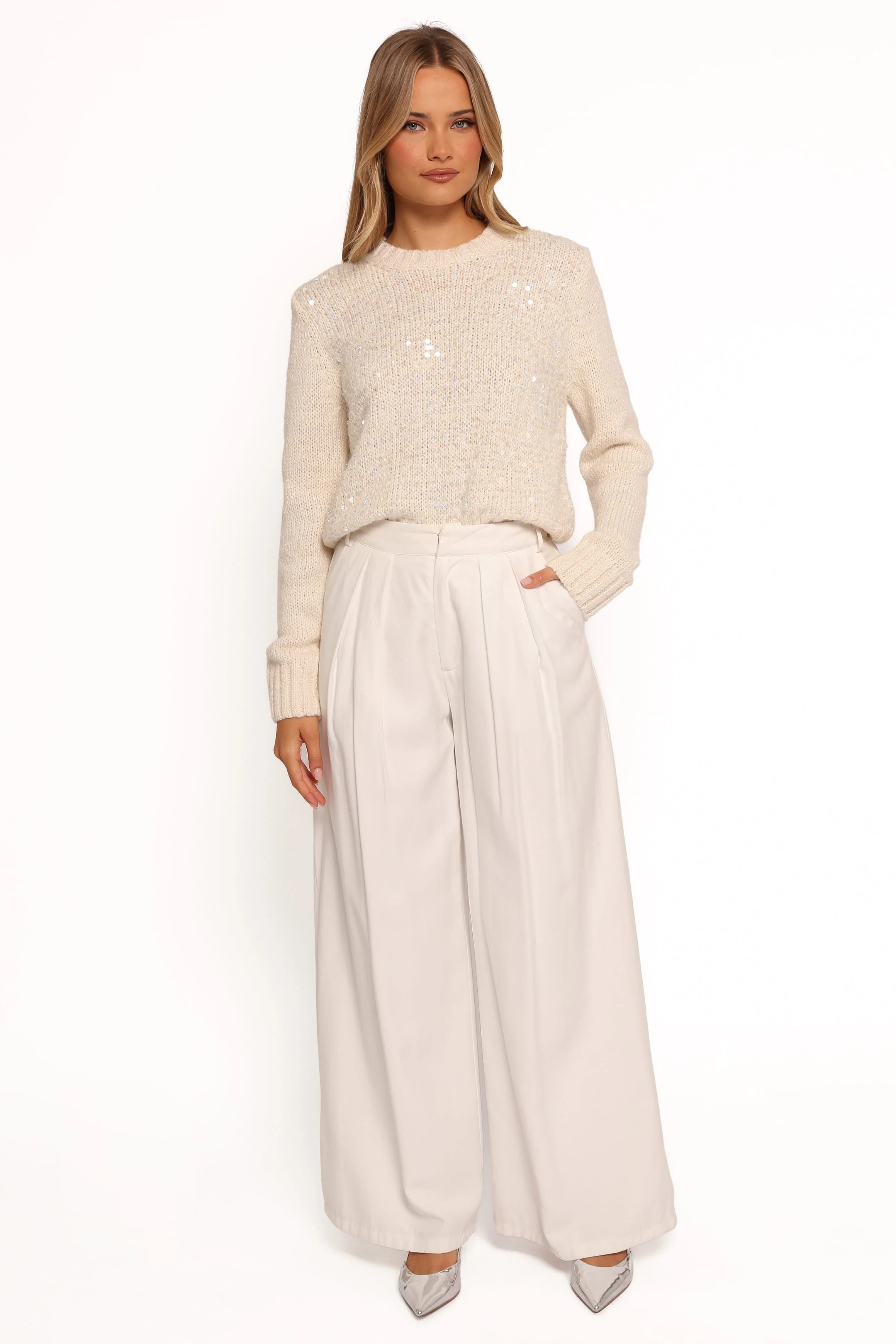 Medora Crewneck Sequin Knit Sweater - Ivory - Image 2