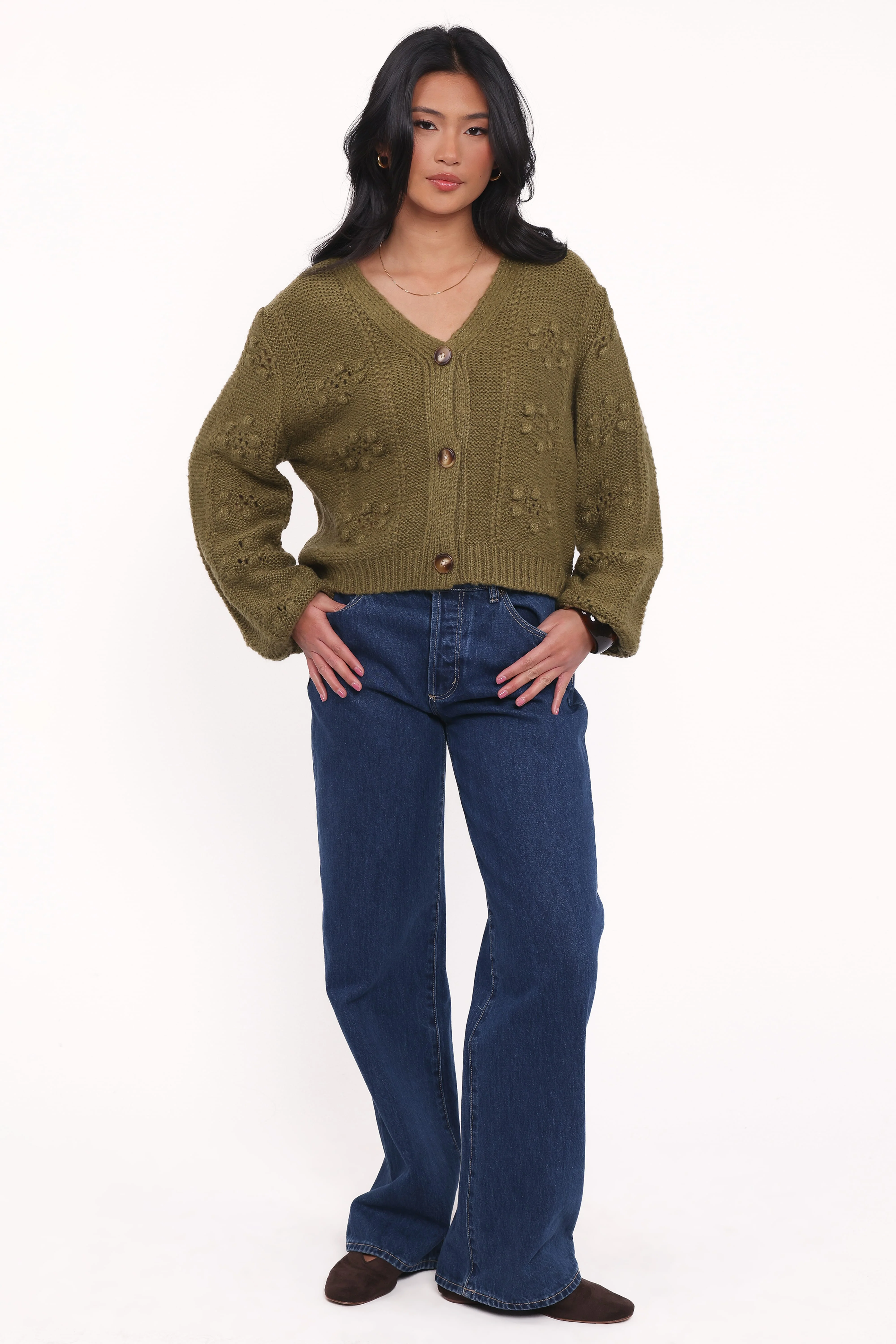 Melody Textured Button Up Cardigan - Olive - Image 5