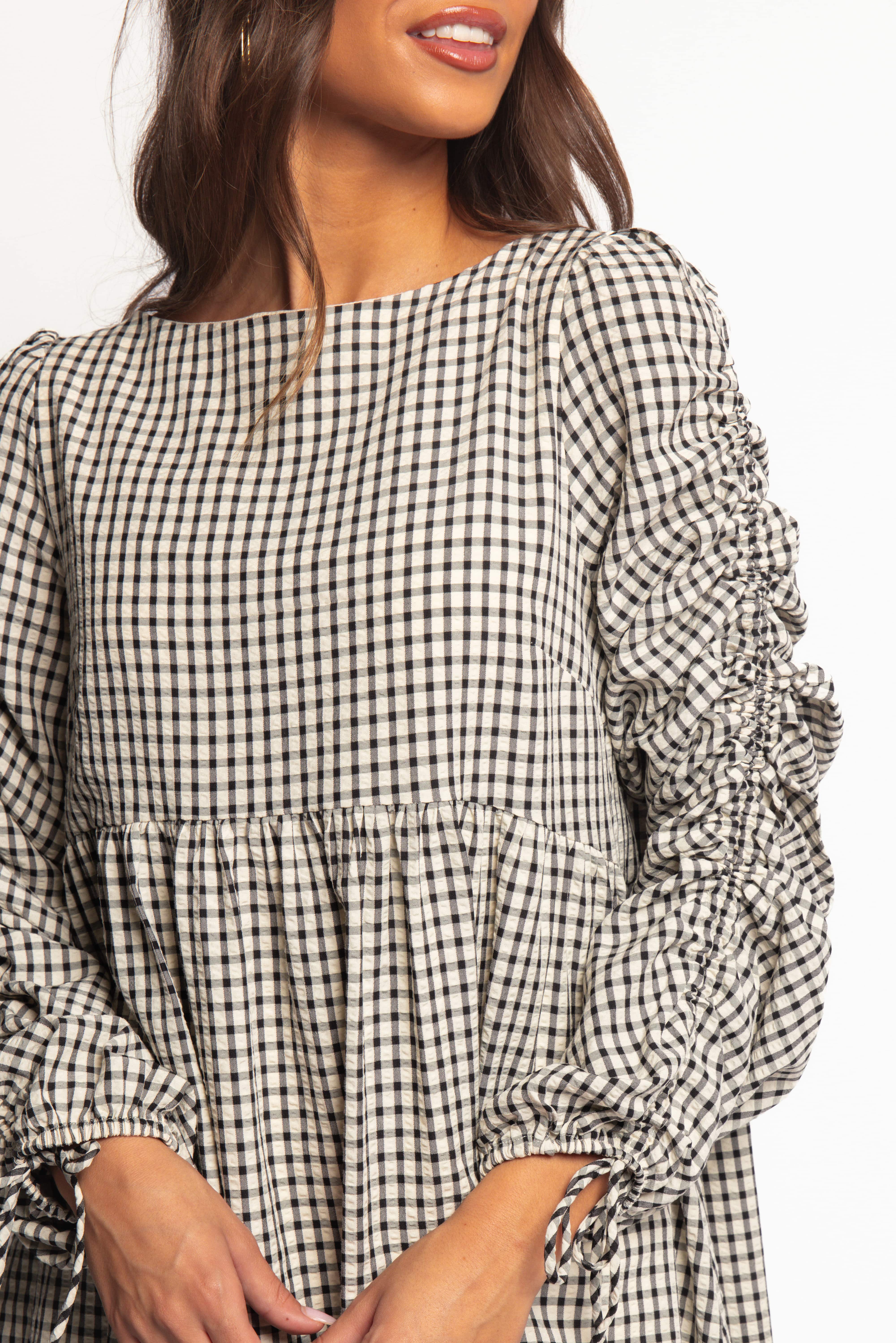 Micaela Long Sleeve Mini Dress - Black Gingham - Image 3