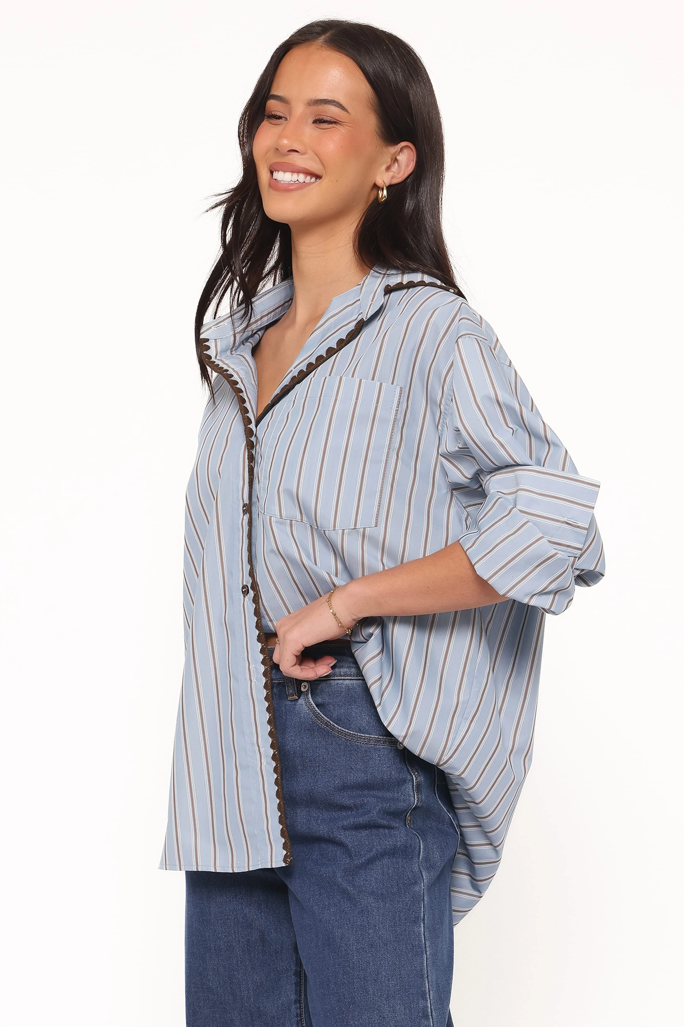 Mila Button Up Shirt - Blue/Brown Stripe - Image 4