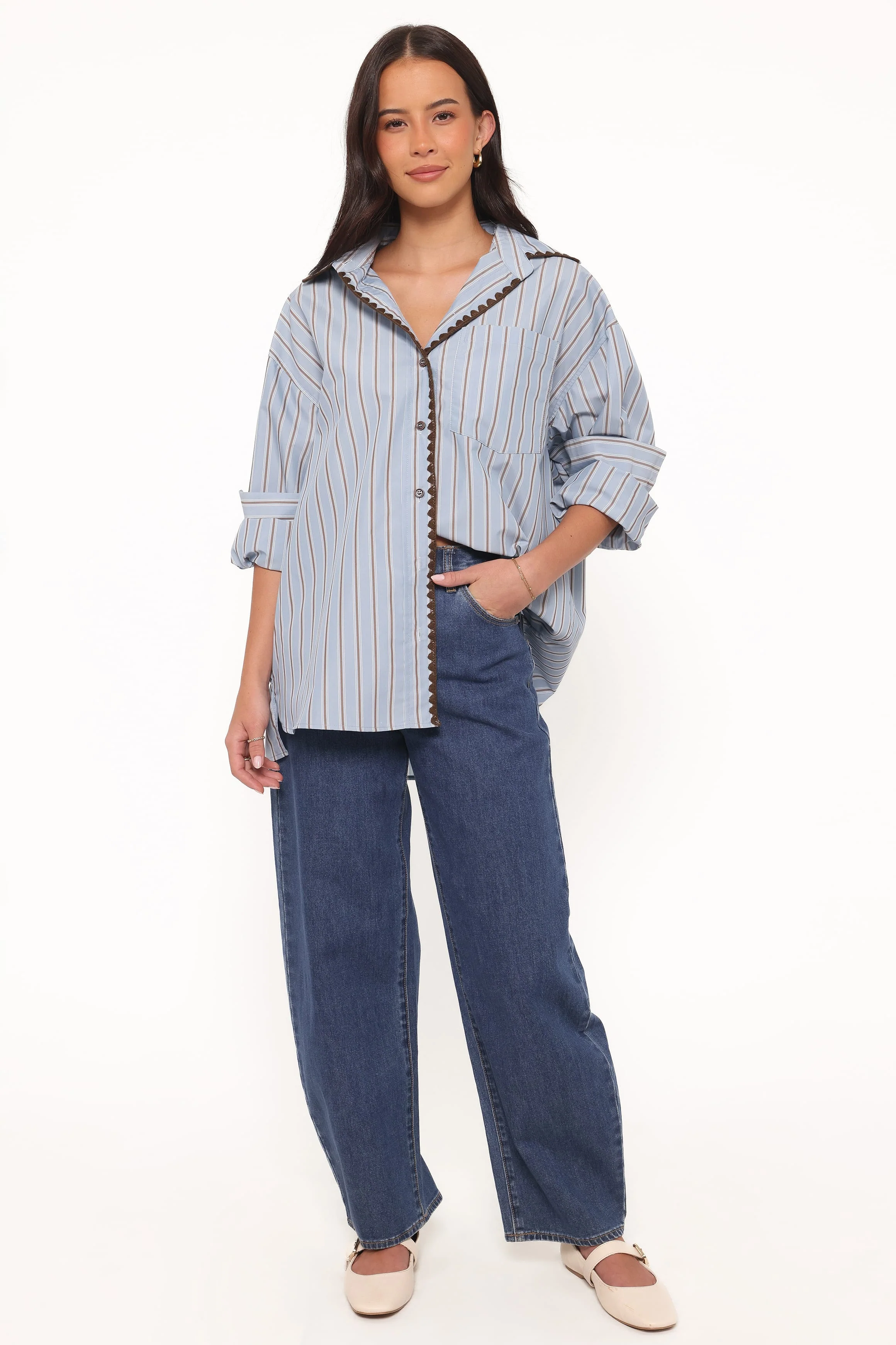 Mila Button Up Shirt - Blue/Brown Stripe - Image 6